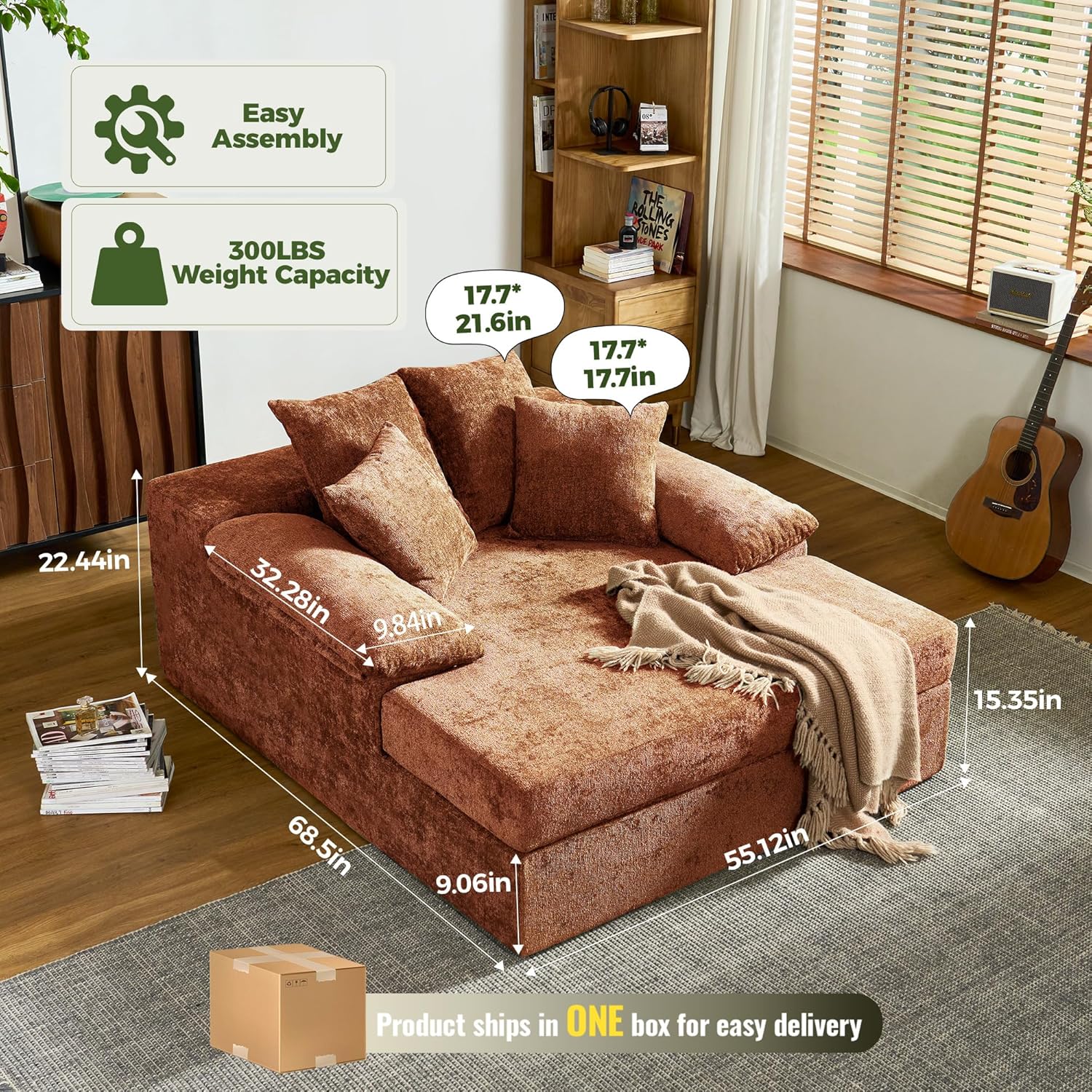 68" Chaise Lounge Chair Indoor, Oversized Chenille Upholstered Boneless Sofa Bed, Deep Seat Sleeper Couch Reading Chairs, Cloud Sofas Couches with Armrests and 4 Pillows for Living Room, No Assembly