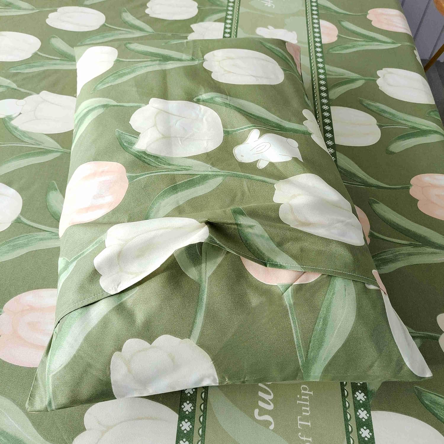 SDIII 4PCS Rabbit and Green Floral Sheets Set Full, Soft Microfiber Full Size Floral Sheets Set, Vintage Botanical Bed Sheet Flower Green - Image 8