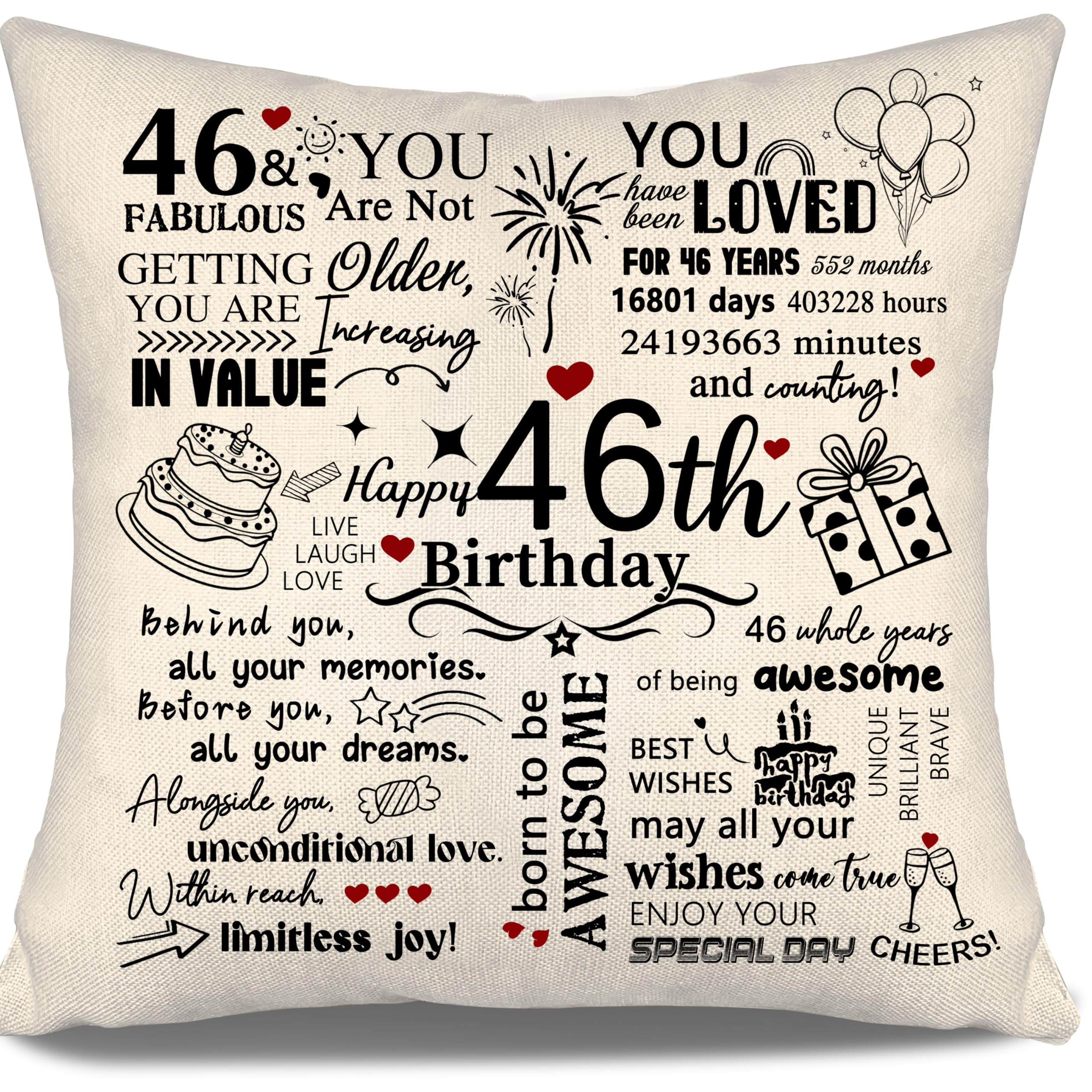 46th Birthday Gift Cushion Cover for Mum Dad Aunt Uncle Sister Friend Cousin Colleague Girlfriend Boyfriend Wife Husband 46 Years Old Women Men Gift Inspirational Cushion Cover Happy Birthday (46)