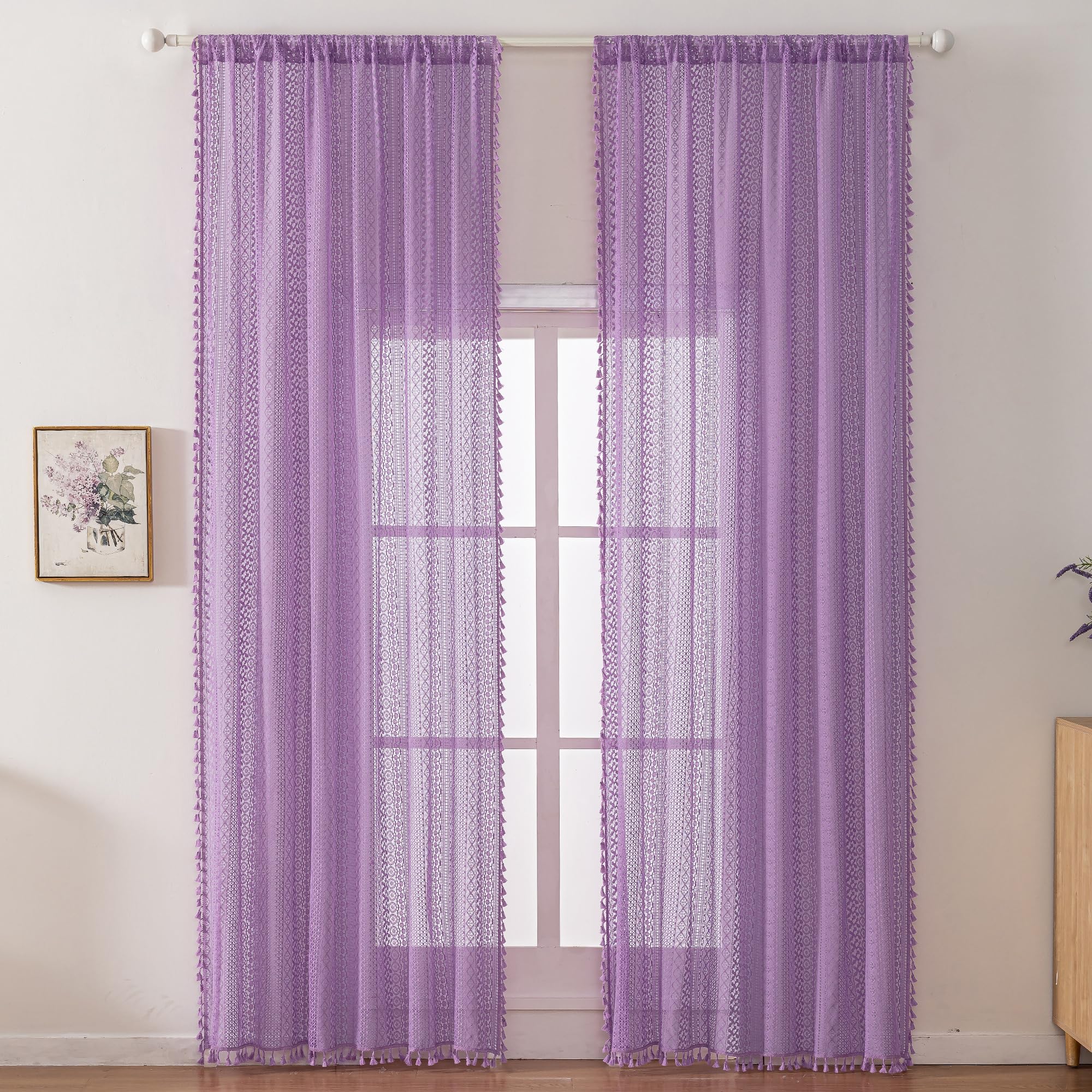 WAZZIO Lavender Purple Sheer Curtains 84 Inches Long 2 Panels, Cotton Semi-Sheer Window Drapes with Tassel Trim, Boho Light Filtering Sheers for Bedroom & Living Room (Set of 2, W59 xL84)