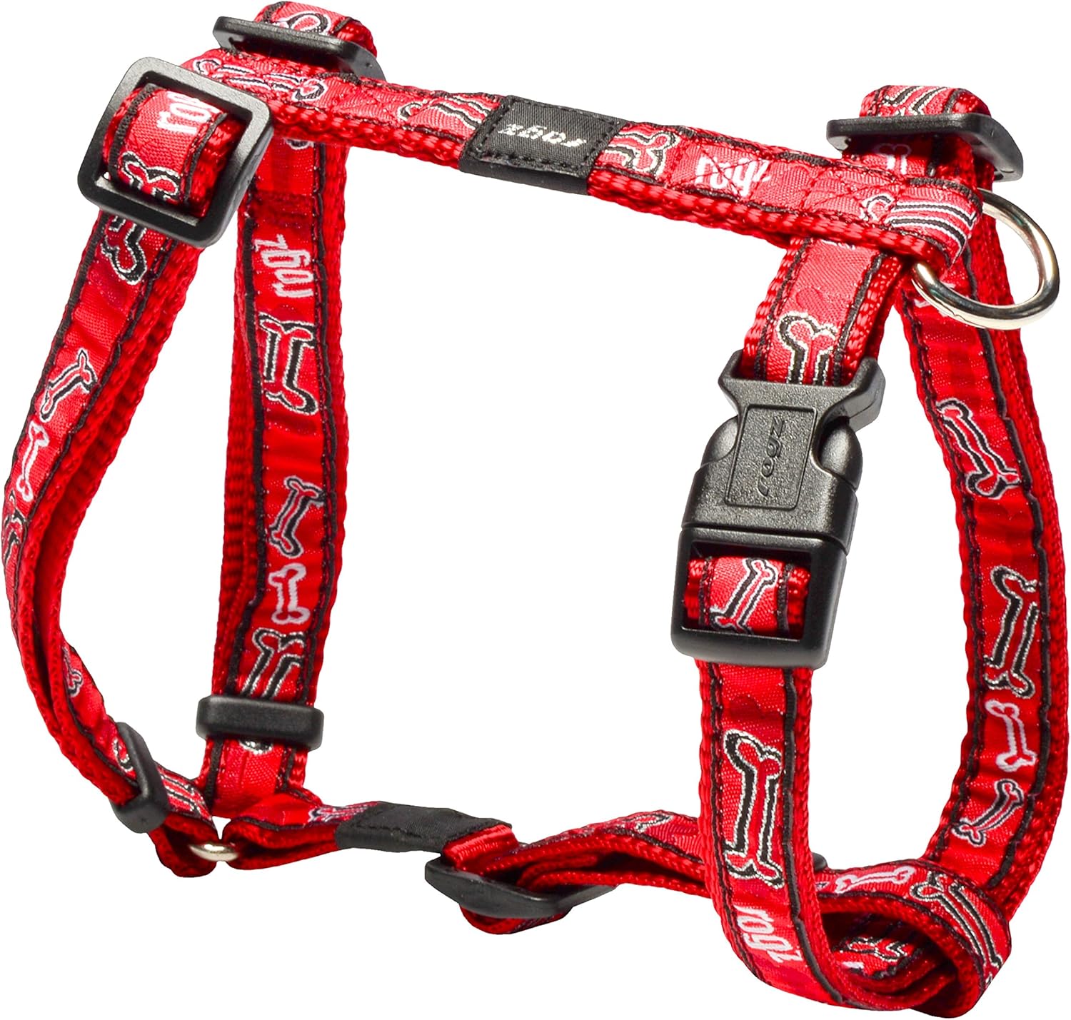 Rogz Fancy Dress Extra Large 1" Armed Response Adjustable Fashion Dog H-Harness, Red Rogz Bone Design