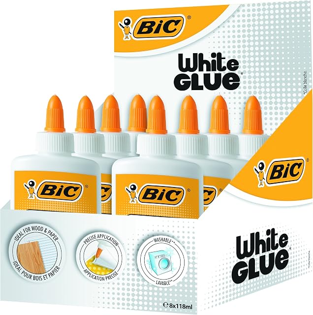 BIC Liquid White Glue - Box of 8 - 118 ml Bottles of Glue for Paper, Crafts or Wood - Washable with Precise Applicator Tip