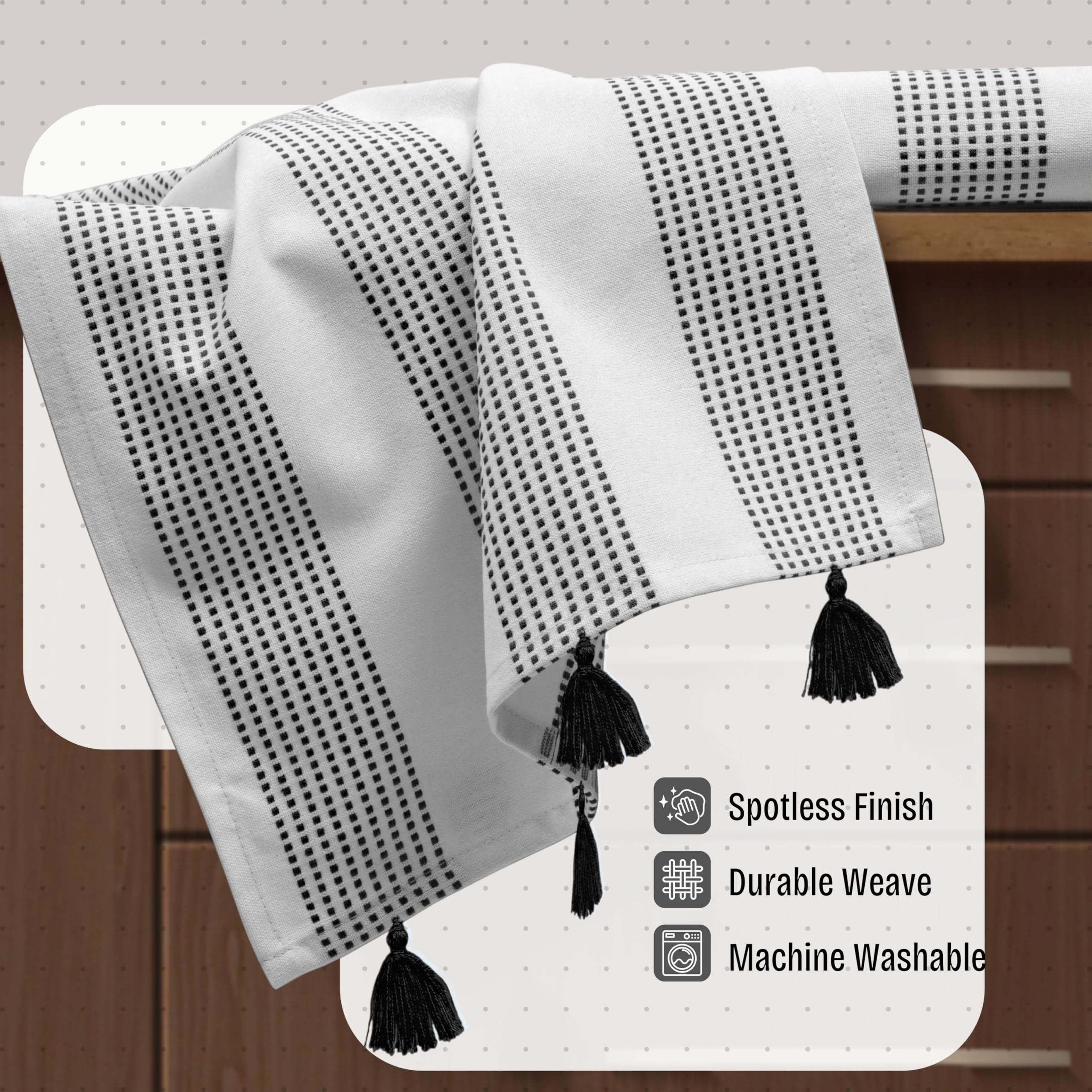 Toallas de cocina decorativas negras de 40 x 66 cm, paquete de 5, ultra absorbentes, suaves, 100 % algodón con borlas, secado rápido para limpiar, secar platos y uso diario