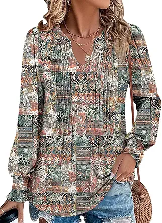 BETTE BOUTIK Long Sleeve Shirts for Women Fall Tops Dressy Blouses Pleated V Neck Tunic Tops for Leggings S-3XL