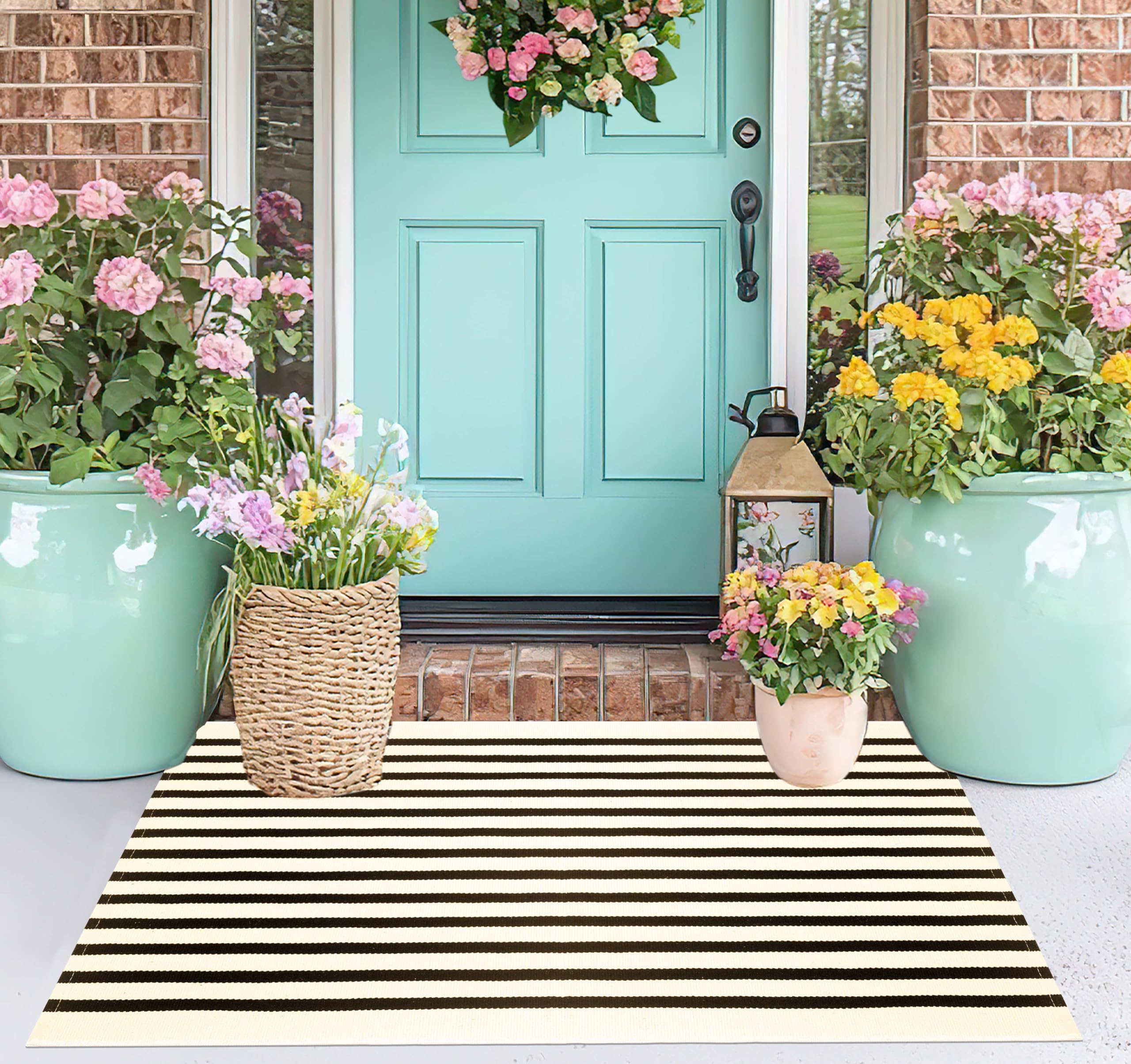 Black and Beige Outdoor Rug,2x3 Ft Striped Small Area Rug Cotton Woven Washable Farmhouse Layered Door Mats for Entryway/Porch Decor/Kitchen/Home Entrance
