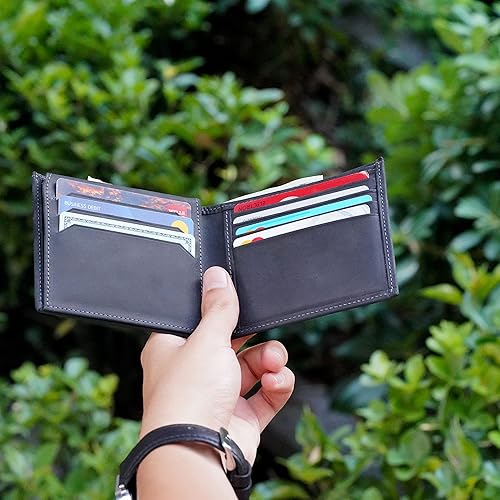 Miniatura 2 de Customizable Genuine Leather Bifold Wallet, Minimalist Custom Mens Card Holder Wallet (Black)
