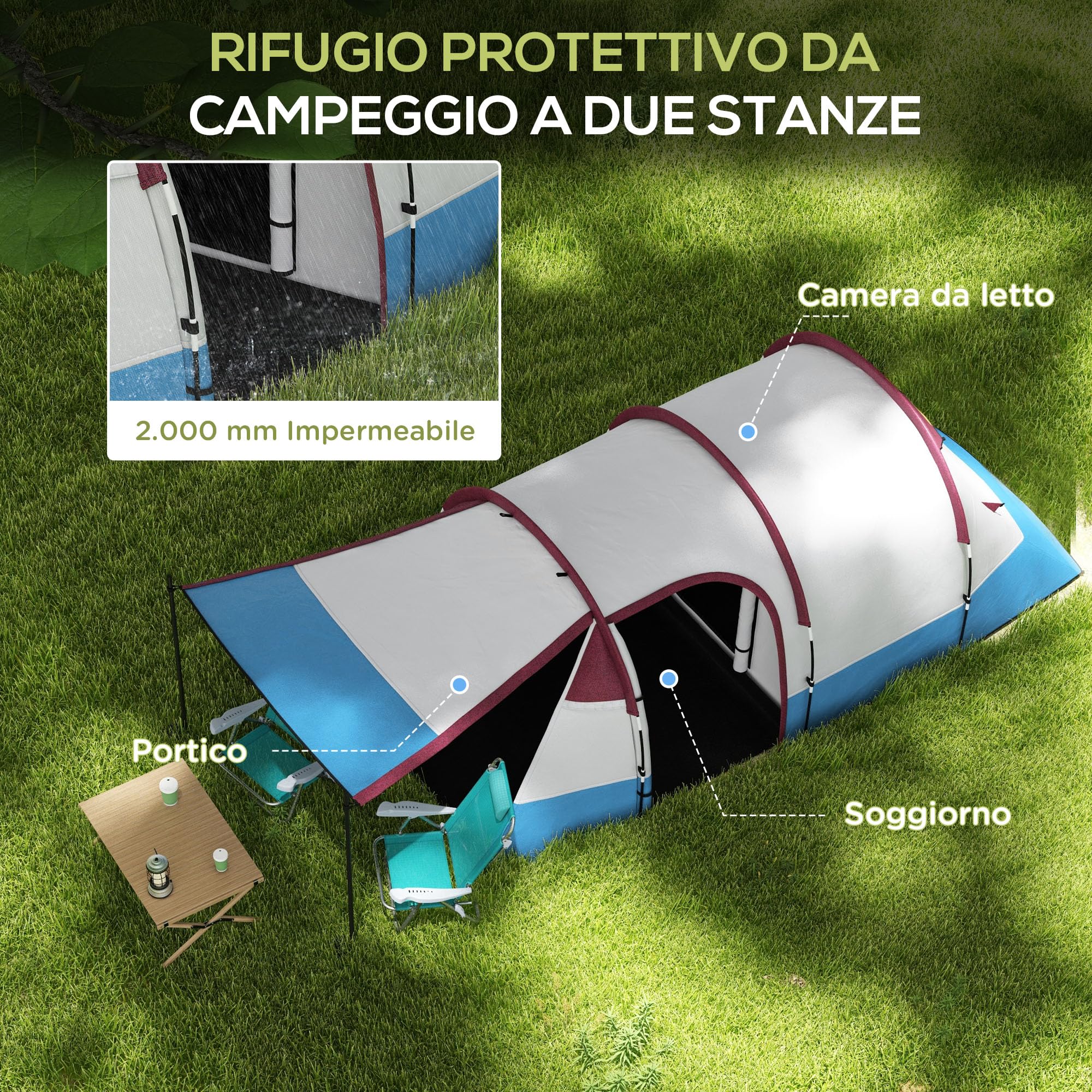 Outsunny Tenda da Campeggio a Tunnel per 3 Persone con 2 Stanze, Tenda Famigliare da Trekking Pesca con Camera da letto, Soggiorno, Telo di Fondo Cucito, Borsa di Trasporto, 420x200x150 cm