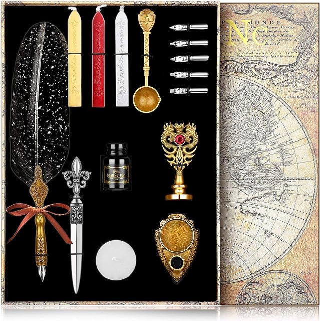 NC Wax Seal Stamp Kit,Quill Pen ink Set Includes Feather Dip Pen,Ink,5 Replacement Nibs,3 Wax Seal Sticks,Pen Nib Base,Seal Stamp, White Wax,Spoon,Envelope letter paper, Envelope Tool, gift (BLACK)