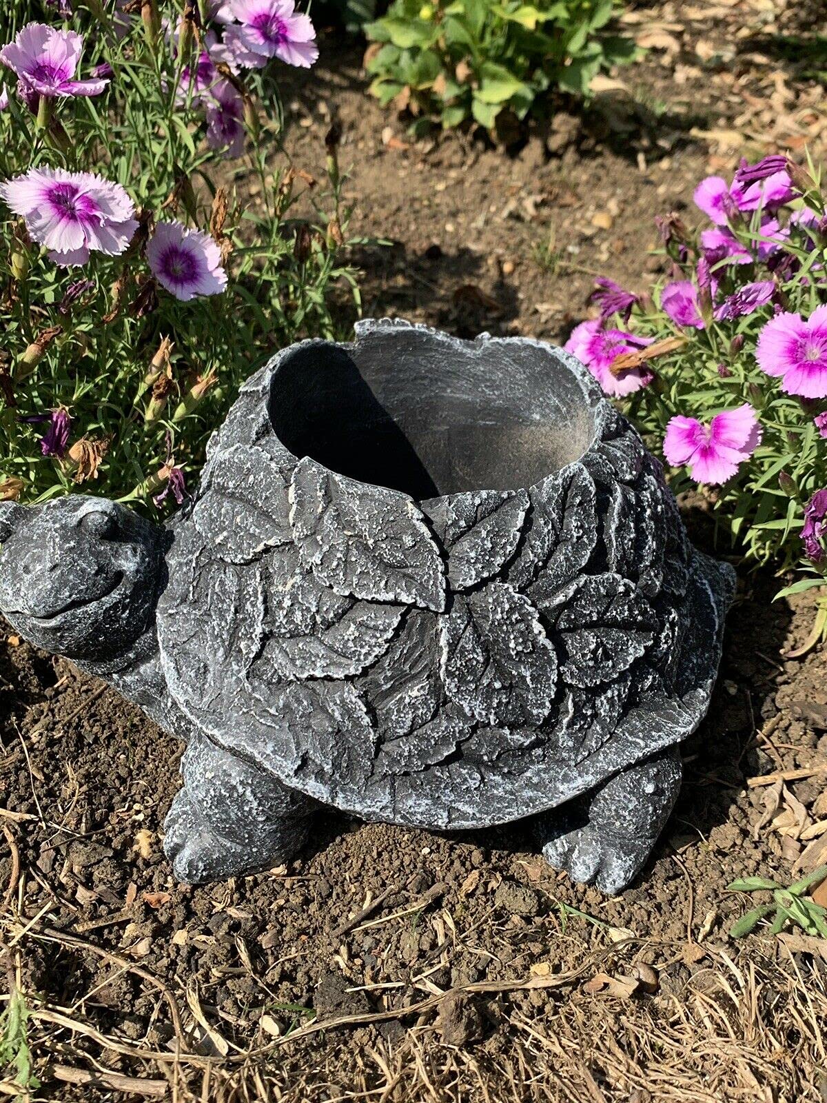 J And L Stone Ornaments White,Black Stone Garden Tortoise Leaf Detail Planter Plant Pot Black And White Ornament