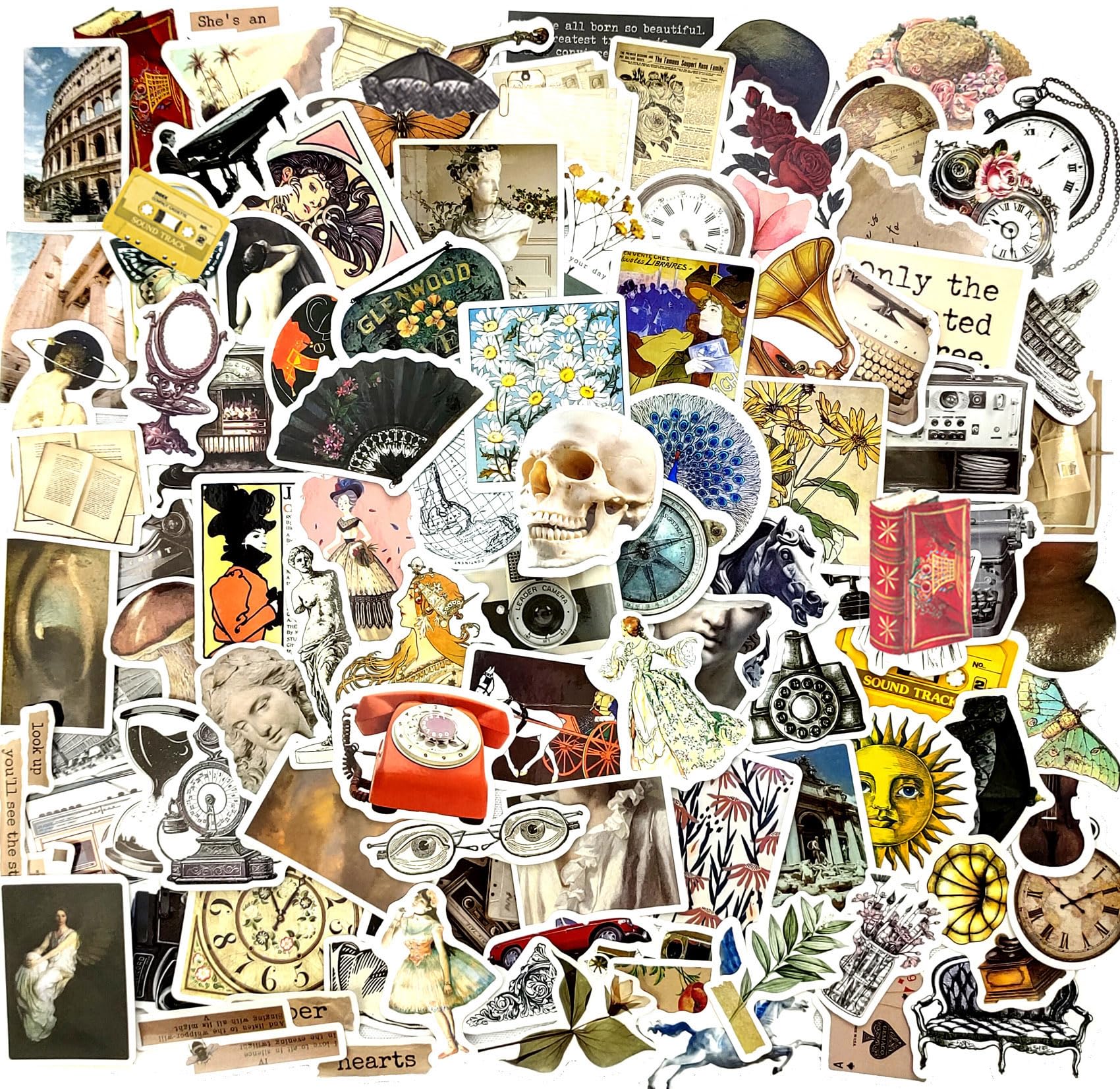 100PCS Vintage Vinyl Stickers, Waterproof Stickers Decals for Scrapbook Journaling Laptop Skins Album DIY Craft Daily Planner Bumper Skateboard Water Bottles Computer, Vintage Themed Supplies, Teens Girls Adults Retro Gifts