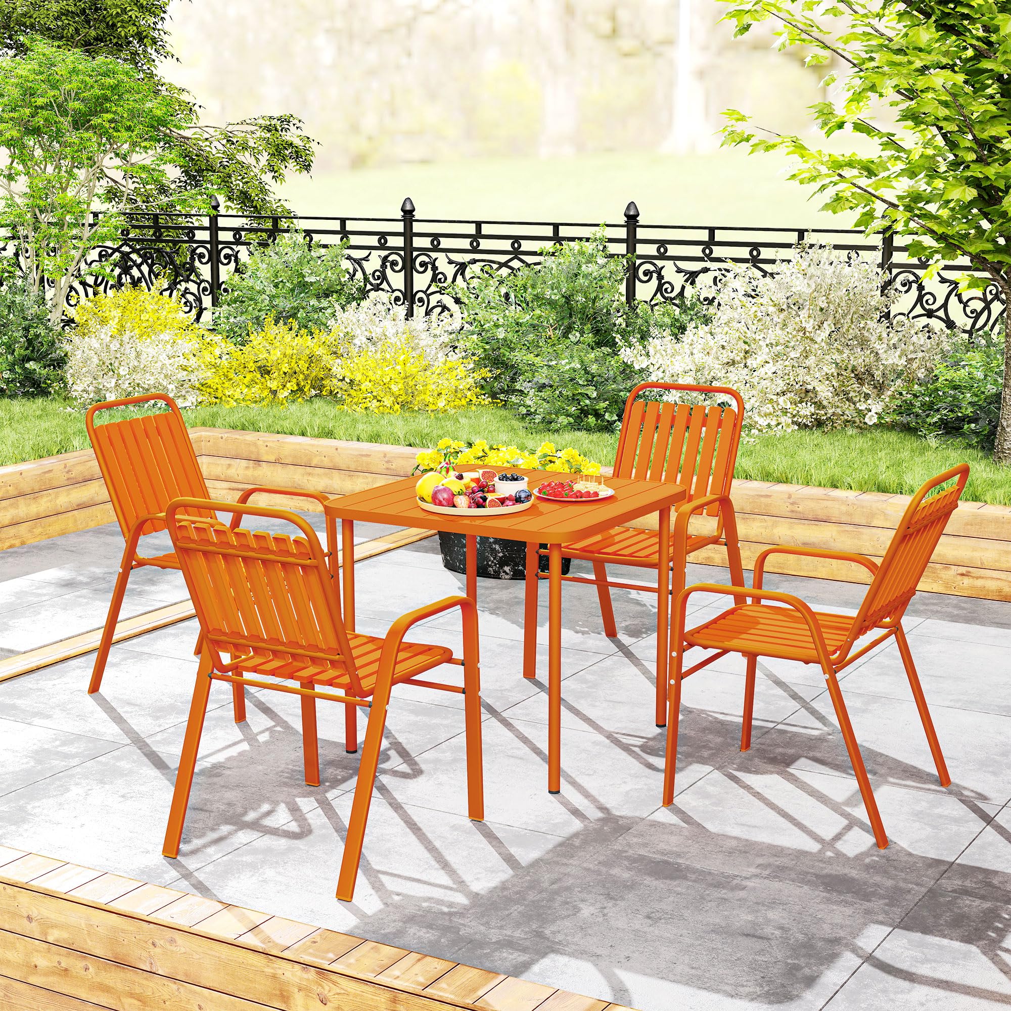 Outsunny Salon de Jardin extérieur 5 pièces, Table de Jardin extérieure avec 4 chaises empilables, Plateau à Lattes 80 cm, Structure en Acier Anti-Rouille, pour terrasse, Patio, Orange