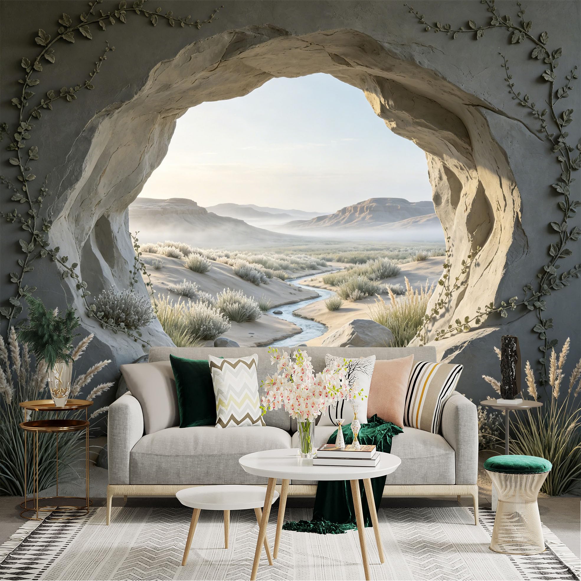 Custom Size Wall Sticker Mural， Desert Canyon with Flowing Stream and Rocky Landscape， for wall Decoration， peelandstick wall Decals.