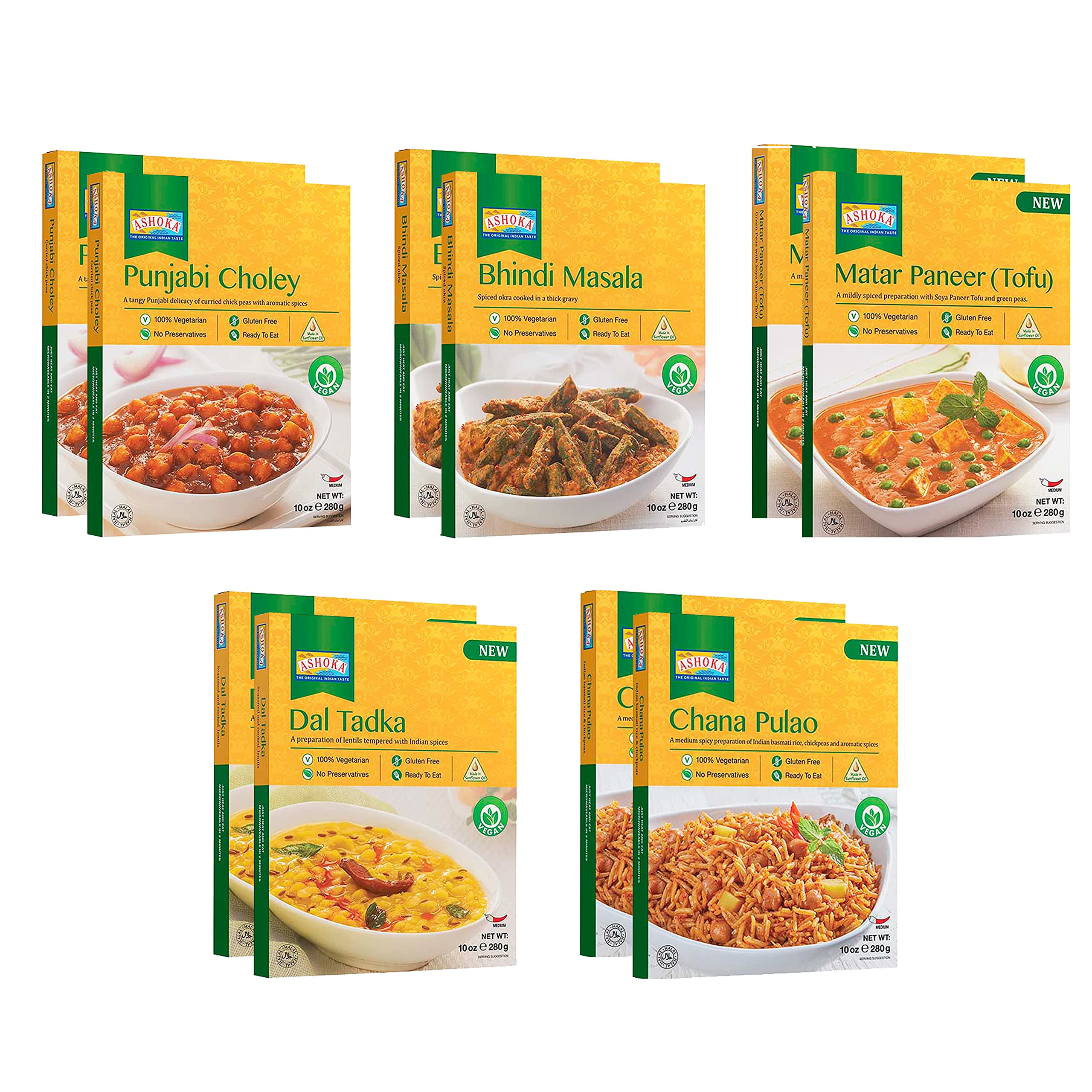 Ashoka Meals 1932, Heat & Eat Meal Kit, Customer Favorites, Kosher Certified, Plant-Based Variety Pack, On the Go Meal, Great for Outdoors, Authentic Indian Food, No Preservatives, Pack of 10