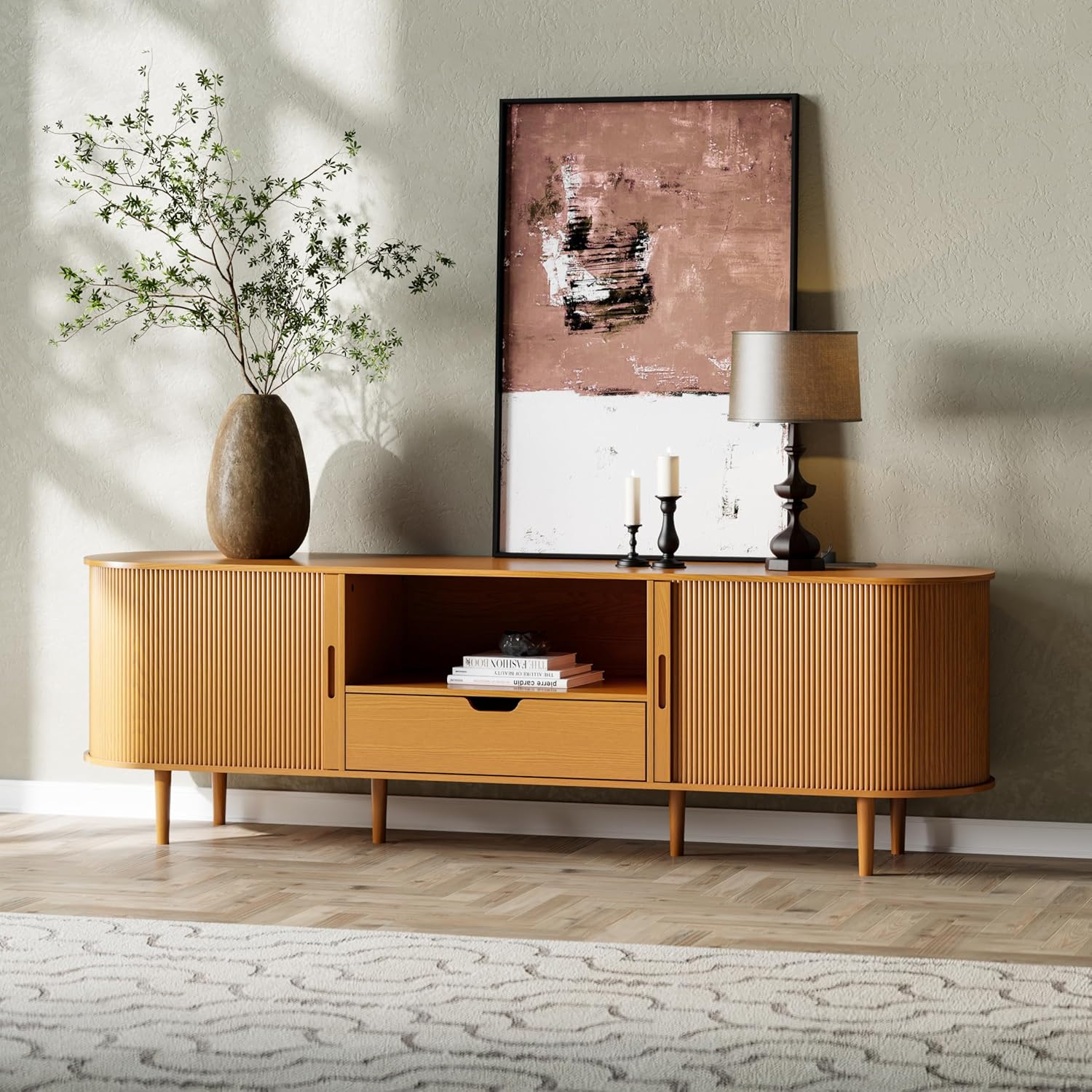 DHH 71" Fluted TV Stand with Power Outlet for TVs up to 80",TV Console with Adjustable Shelves and Sliding Door,Mid Century Modern Entertainment Center for Living Room,Bedroom (Yellow Walnut)