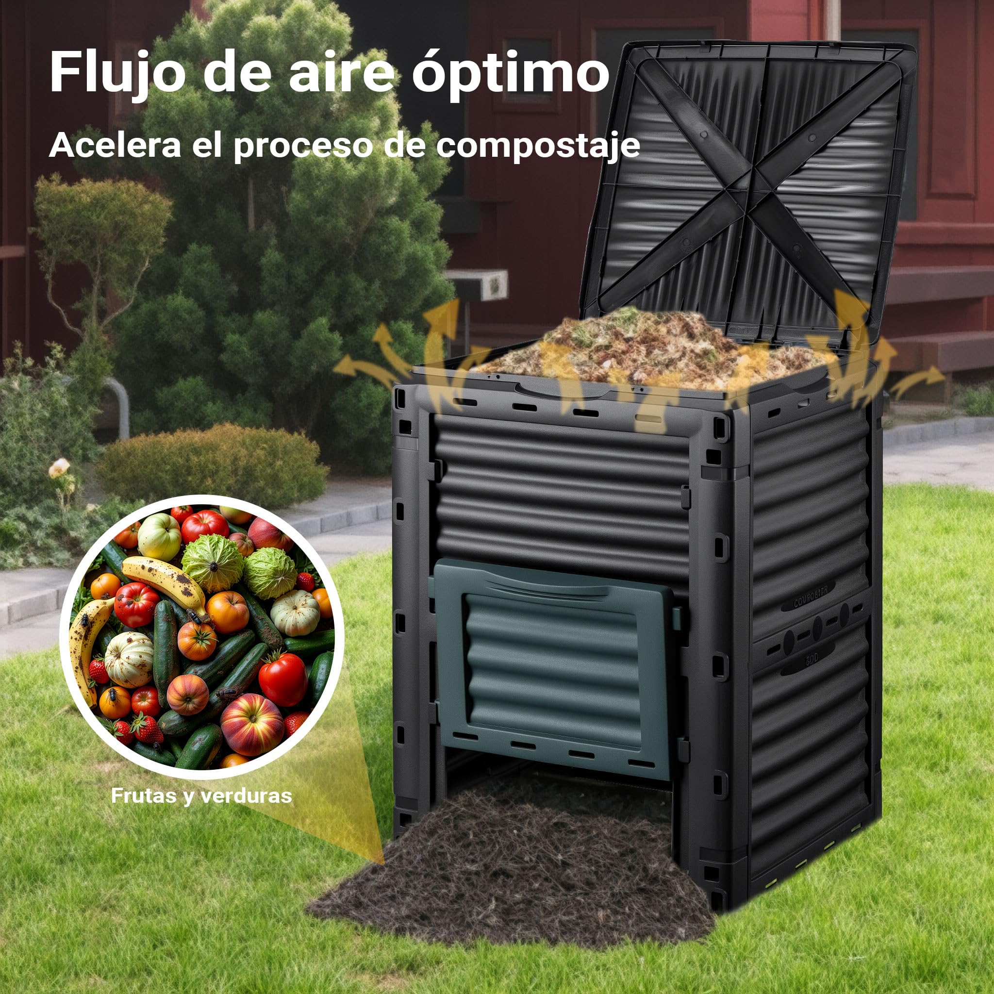 Wiltec Compostador de jardín 300 litros 61 x 61 x 82 cm, compostador de plástico para residuos orgánicos con Tapa compostaje rápido con Tapa Inferior para vaciar