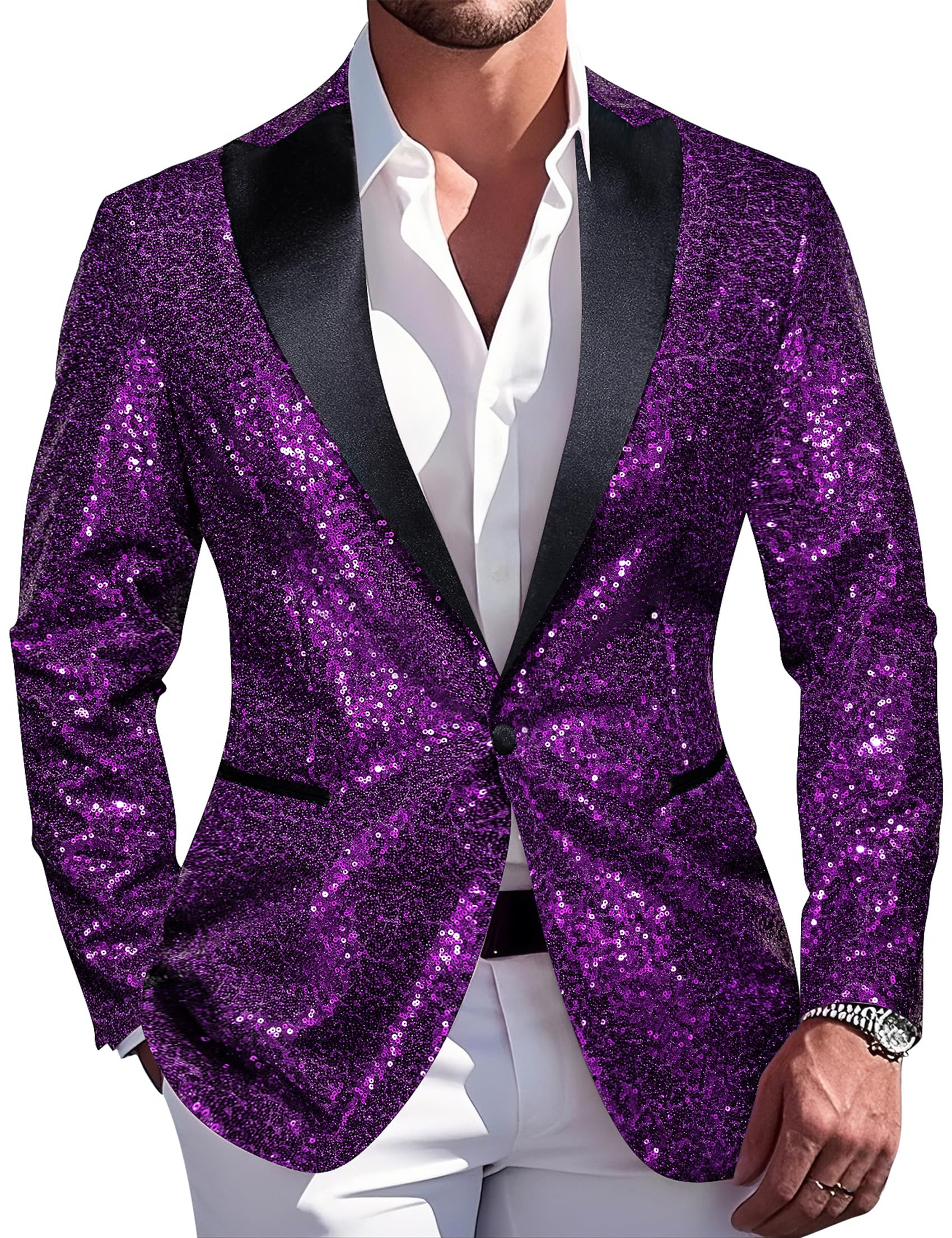 Barry.Wang 70s Disco Sequins Blazer Mens Sparkle Metallic Suit Jacket