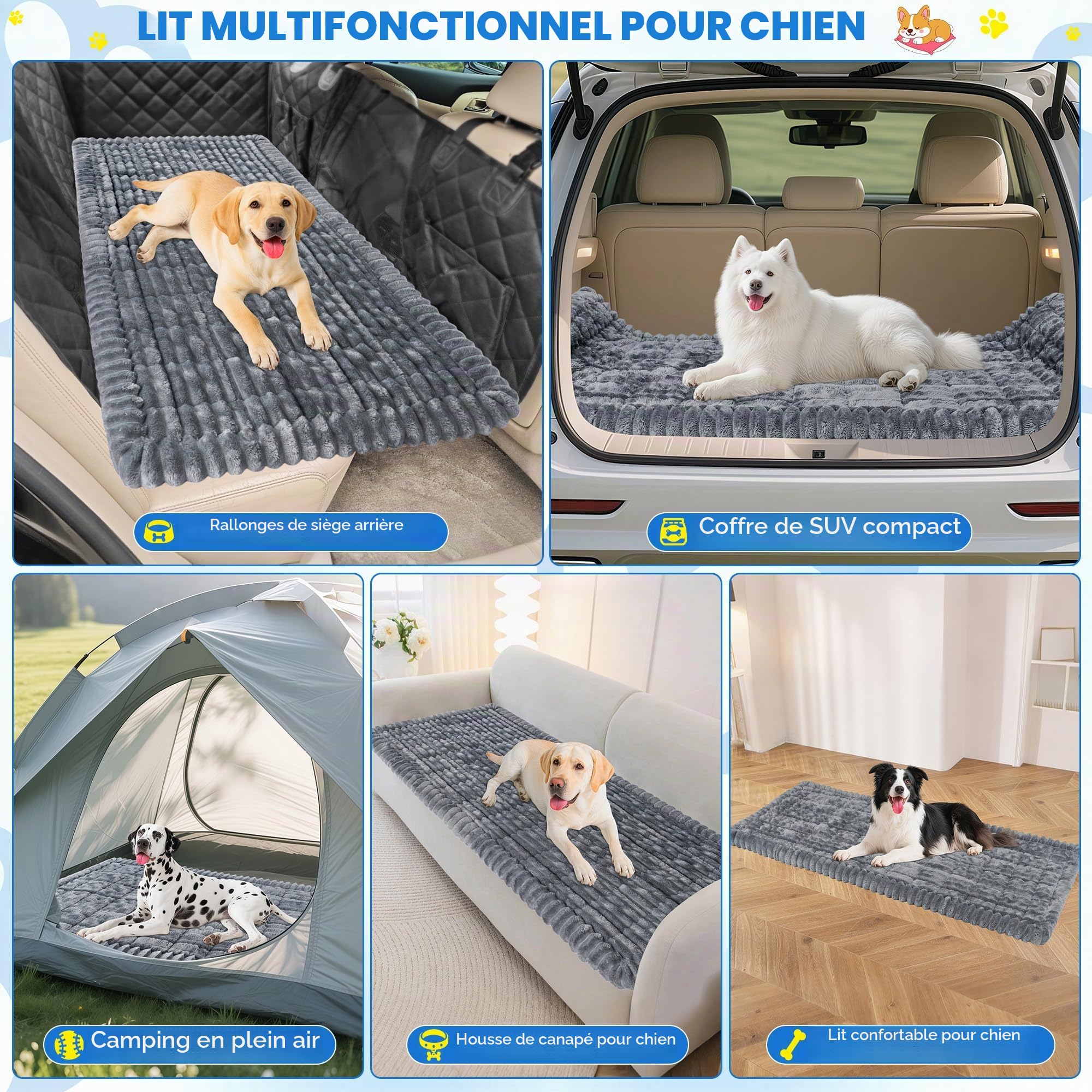 Loiion Tapis Auto Chien Anti-Dérapant Flanelle 127x62x3cm Gris