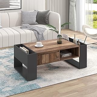 Merax Wood Grain Coffee Table with a Handleless Drawer, 2 Storage Compartments and 2 Side Storage Spaces, Multi-functional Coffee Table with Storage, Modern Coffee Tables for Living Room, Rustic Brown