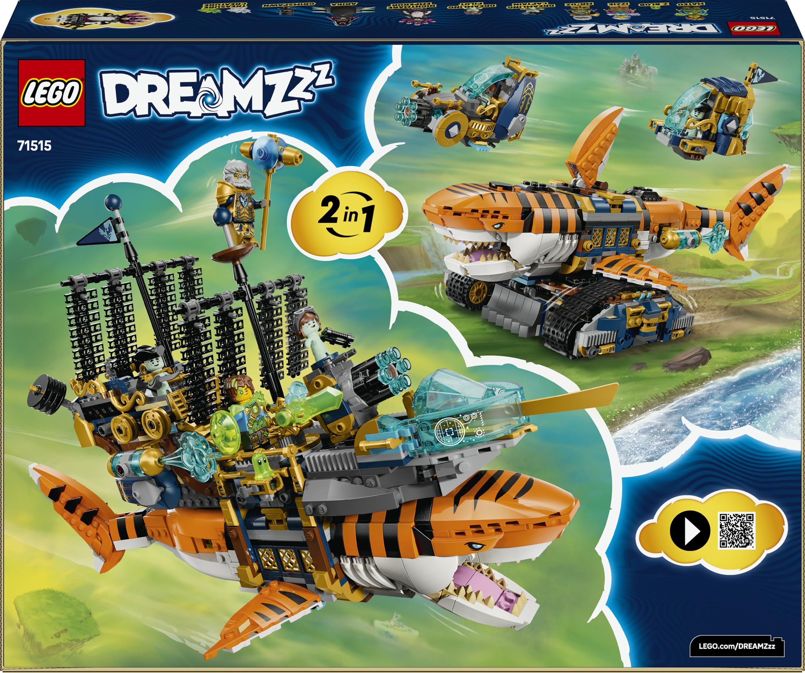 LEGO DREAMZzz 2in1 Tigerhai-Fahrzeug - Spielzeug verwandelbar in Piratenschiff mit Kanone - inkl. 5 Minifiguren und 2 sammelbaren Schatz-Kreaturen - Geschenk für Jungen ab 9 Jahren - 71515