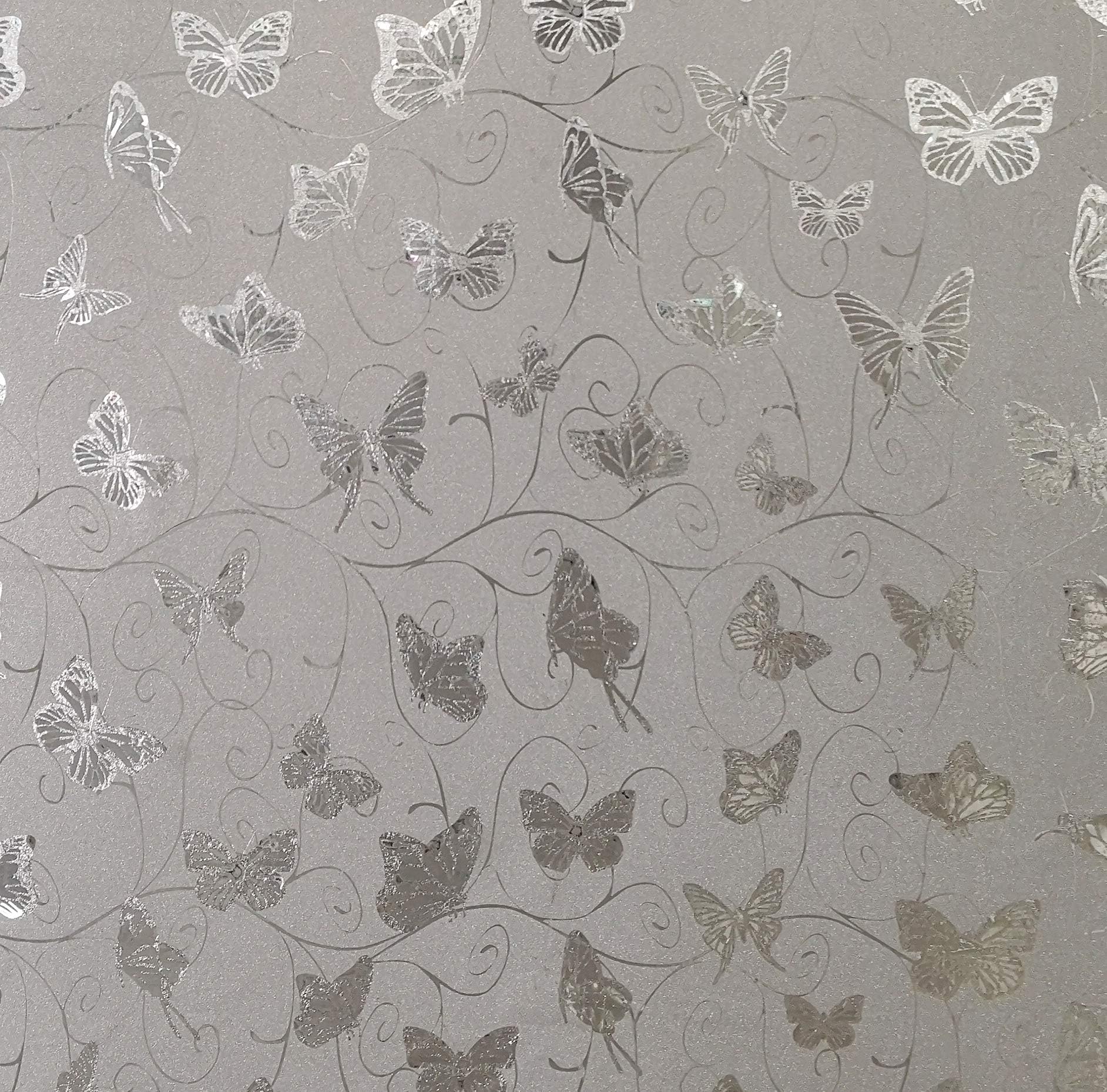 AZ-G023 Animals Glitter Silver, Grey Butterflies, Vines Peel and Stick Self Adhesive Removable Wallpaper, Roll 18 ft. X 18 in. (5.5m X 45cm), 26.6 sq. ft. (2.5 sq. m)