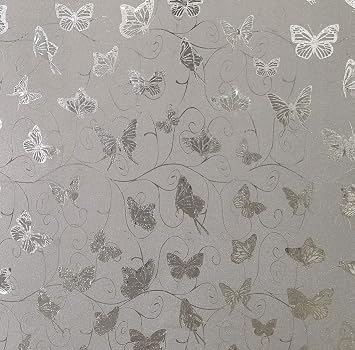 Dundee Deco AZ-G023 Animals Glitter Silver, Grey Butterflies, Vines Peel and Stick Self Adhesive Removable Wallpaper, Roll 18 ft. X 18 in. 5.5m X 45cm, 26.6 sq. ft. 2.5 sq. m