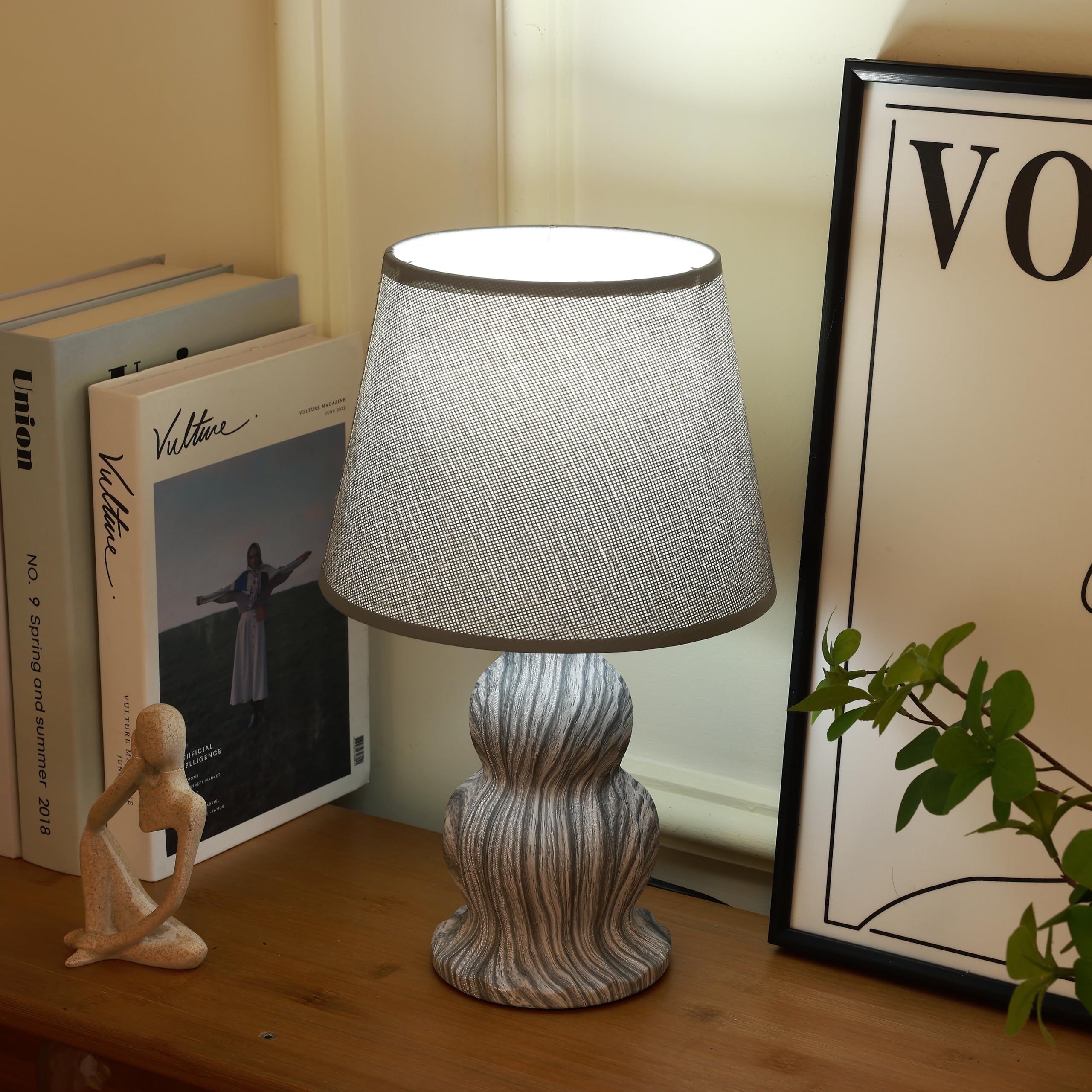 Modern Aesthetic Ceramic Table Lamp with Fabric Shade, Decorative Minimalist Bedside Nightstand Desk Light for Bedroom, Living Room, Home Decor, Warm Ambient Lighting (Grey)