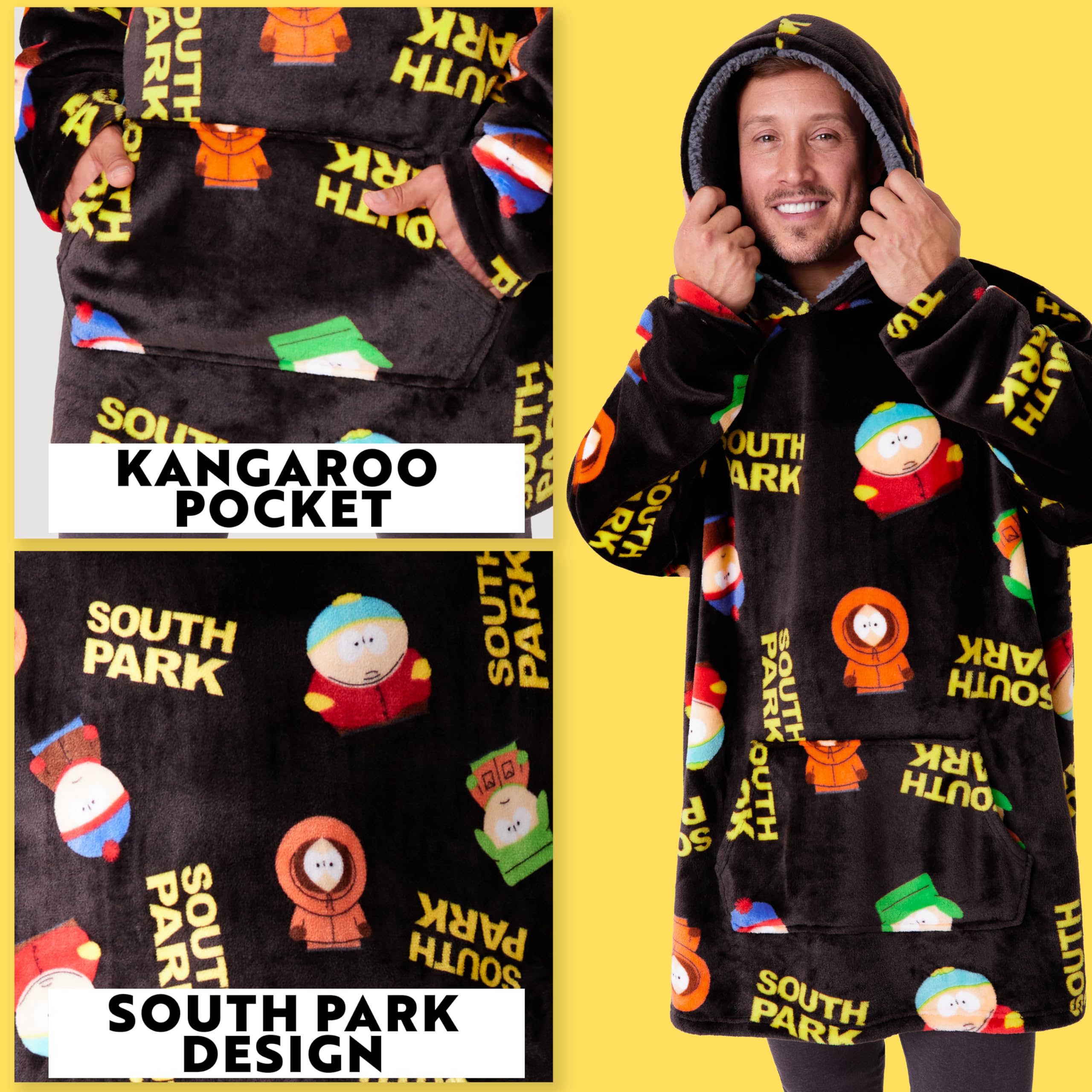 South Park Koc z kapturem dla mężczyzn i nastolatków - przytulna polarowa bluza z kapturem oversize jeden rozmiar z kapturem Sherpa - prezenty dla niego multi