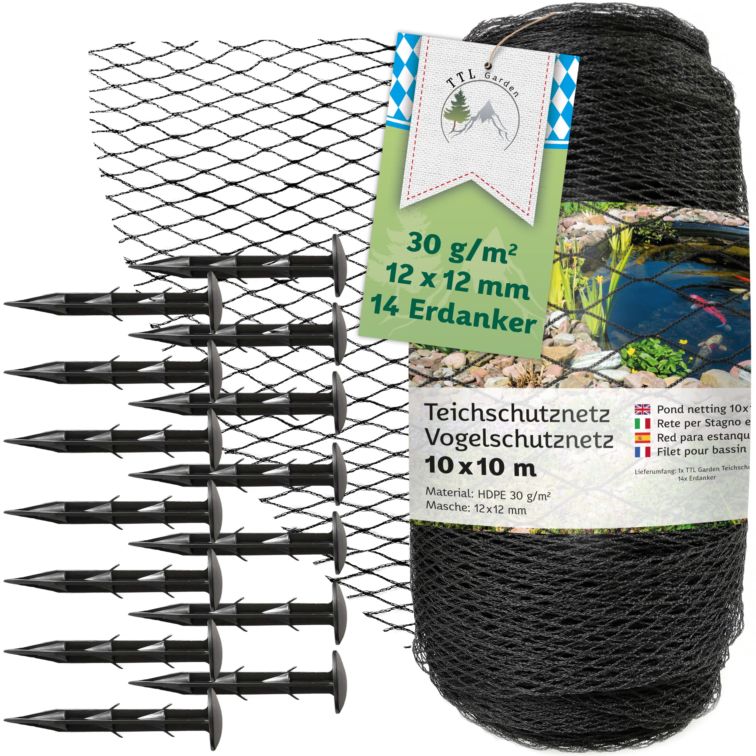 TTL GARDEN Red para estanque de 10 x 10 m, color negro, 30 g/m² – 12 x 12 mm, malla estrecha, HDPE, red para piscina o jardín, red antipájaros, resistente a la rotura, elástica, resistente, con 14