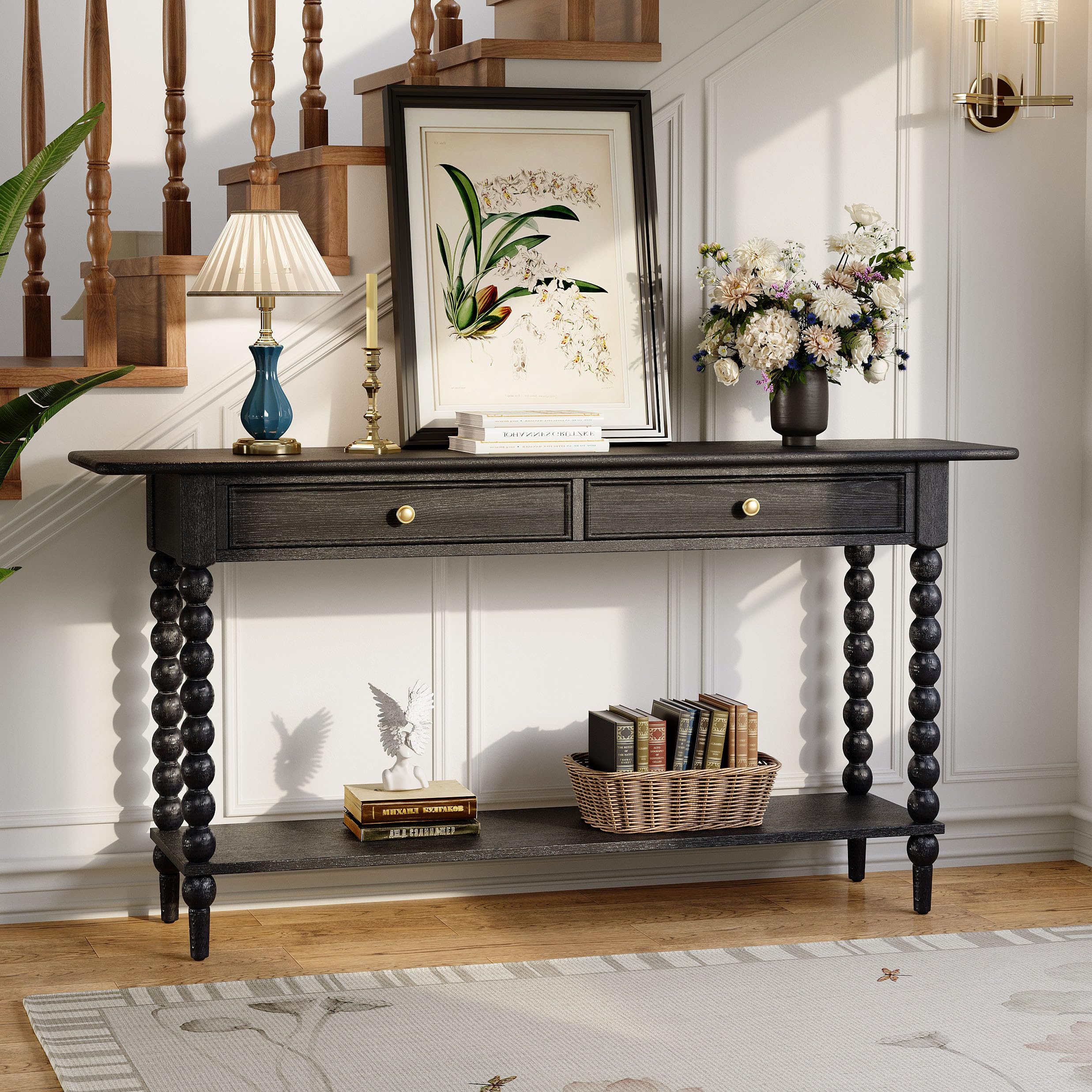 Christopher Knight Home Zeka Narrow Console Table with Storage, Wood Entryway Table with 2 Drawers and 1 Bottom Shelf, Retro Display Table with Unique