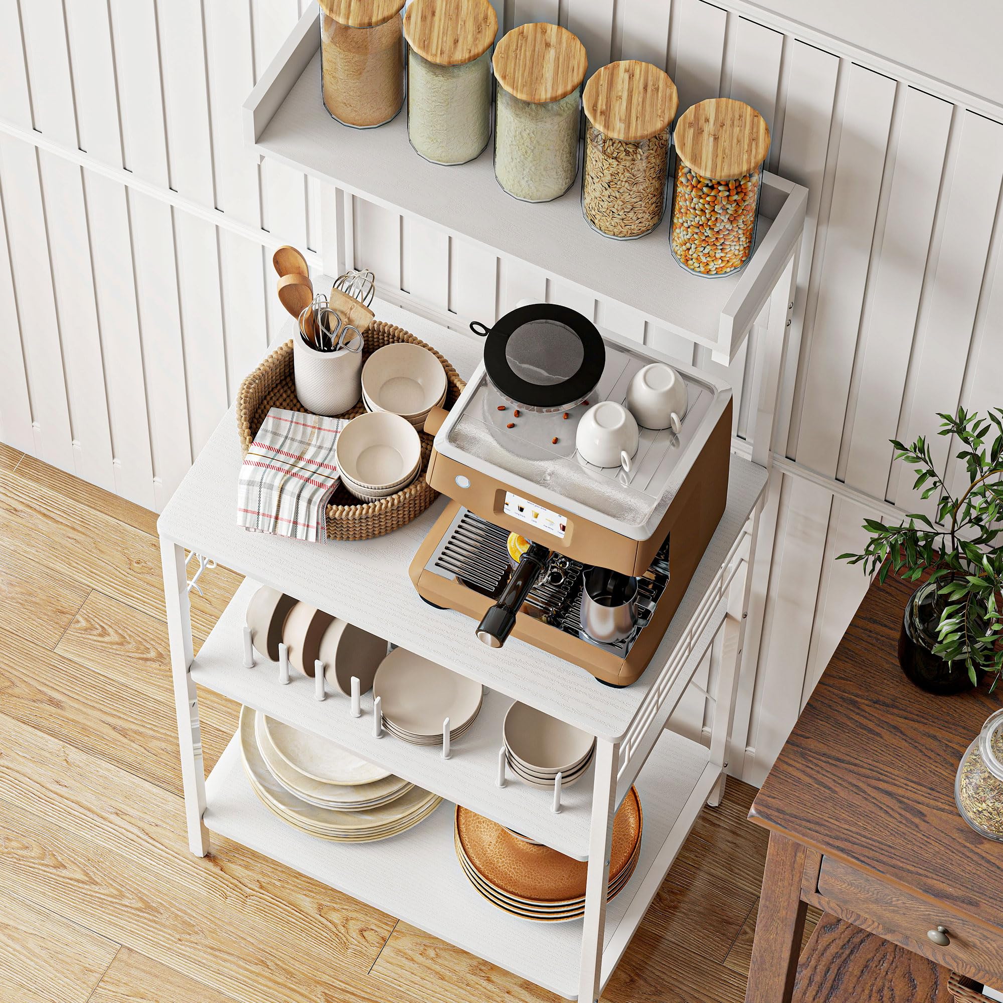 HOMCOM Scaffale da cucina con 2 prese elettriche, scaffale industriale da panetteria con postazione caffè, ripiano per microonde, ripiano regolabile, ganci, 60x42x137 cm, bianco