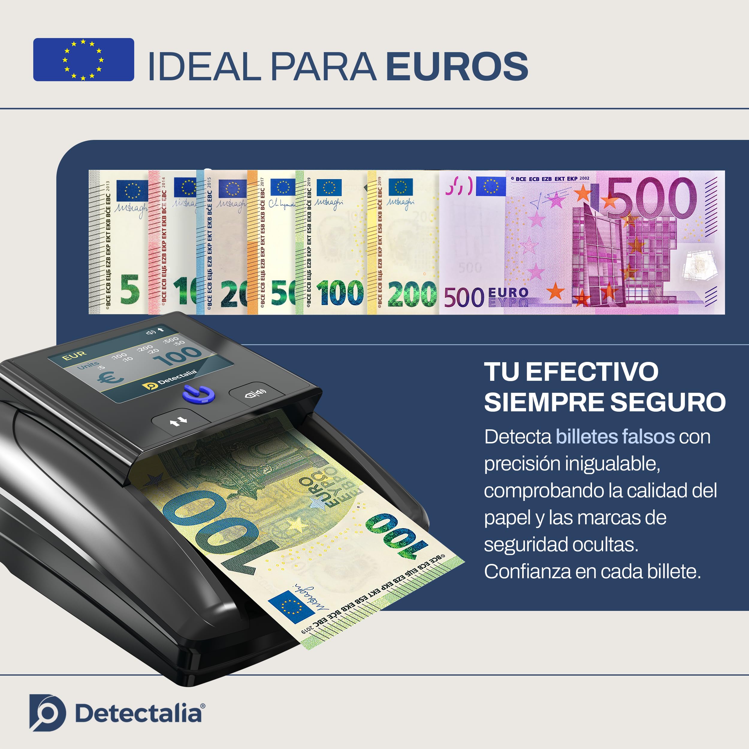 Detectalia D7T+ Detector de Billetes Falsos con 100% detección, 5 Sistemas de detección para 3 divisas EUR, GBP, USD y Pantalla Color TFT
