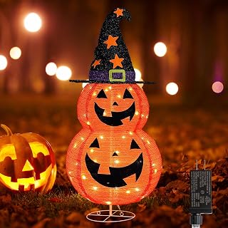 2.9ft Pre-lit Halloween Collapsible Pumpkin Decorations, with Star Black Top Hat 8 Lighted Modes,Plug in 40 Orange LED Outdoor Lights,Pop Up Jack-o-Lantern for Yard Holiday Decor (Star Hat)