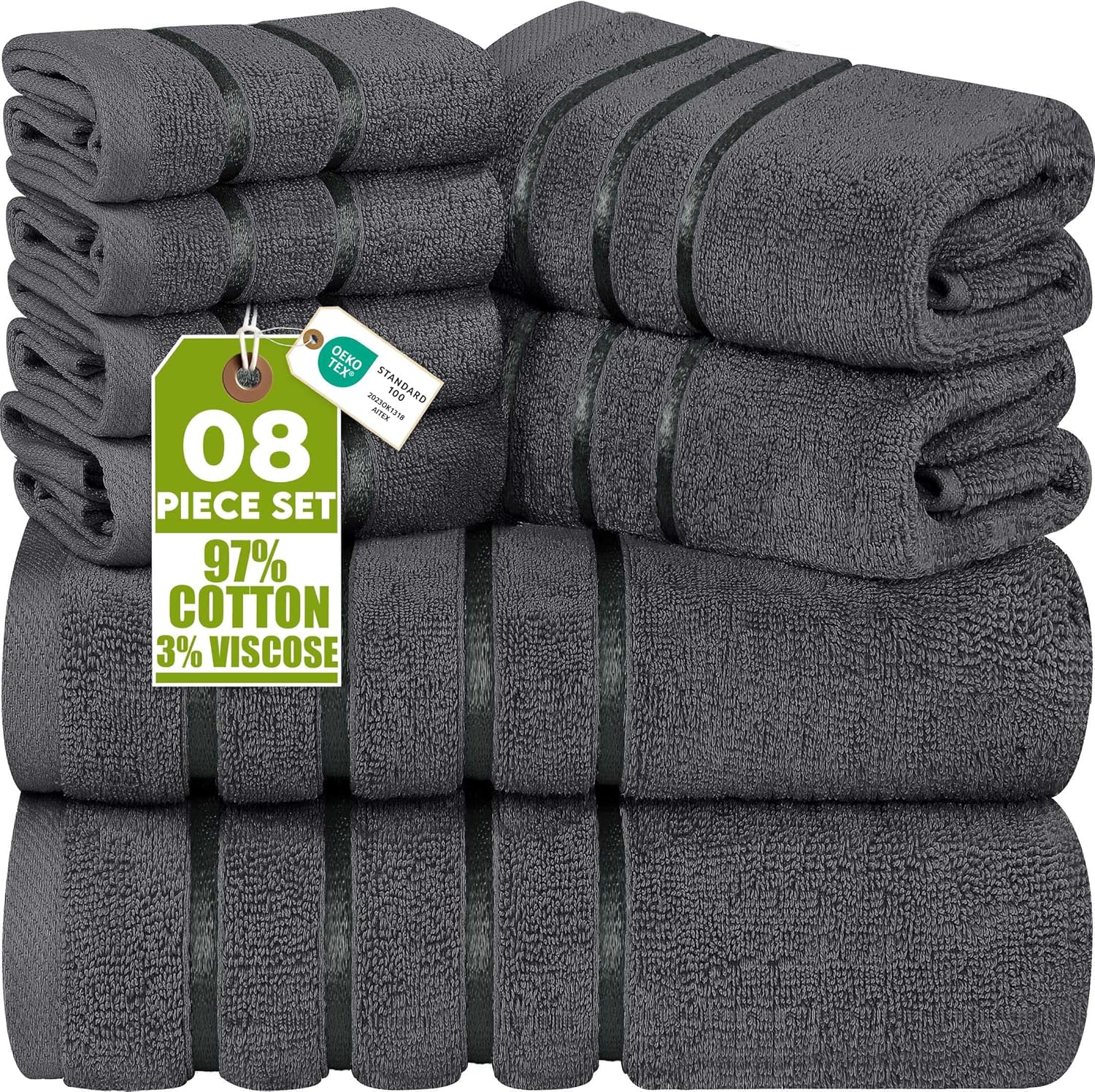 Utopia Towels 8-Piece Luxury Towel Set, 2 Bath Towels, 2 Hand Towels, and 4 Wash Cloths, 600 GSM Ring Spun Cotton Highly Absorbent Viscose Stripe Towels Ideal for Everyday use (Grey)