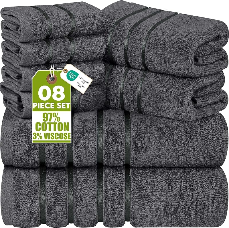 8-Piece Luxury Towel Set, 2 Bath Towels, 2 Hand Towels, and 4 Wash Cloths, 600 GSM Ring Spun Cotton Highly Absorbent Viscose Stripe Towels Ideal for Everyday use (Grey) | 600 GSM Ring Spun Cotton Towels with Viscose Stripe Design - Highly Absorbent, Soft & Plush, Ideal for Everyday Use