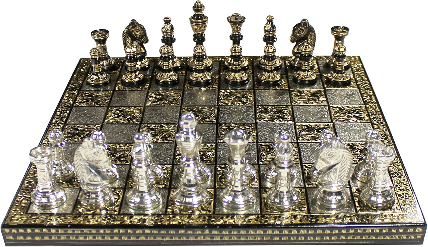 StonKraft Brass Chess Board Game Set with 100% Brass Chess Pieces Chessmen Coins (12" x 12" Inches)