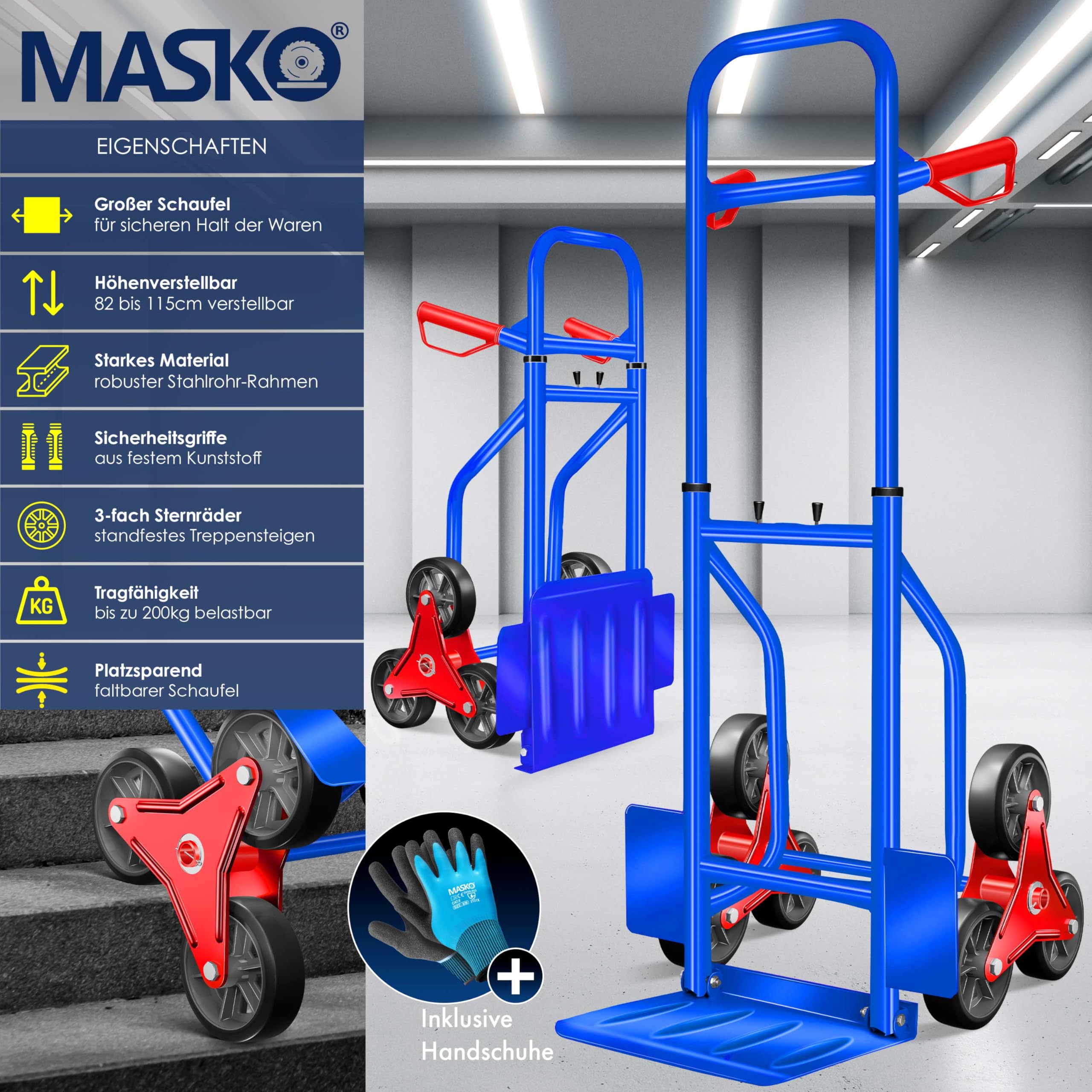 MASKO Trappensteekwagen, 200 kg, stapelbaar, inklapbaar, harde rubberen