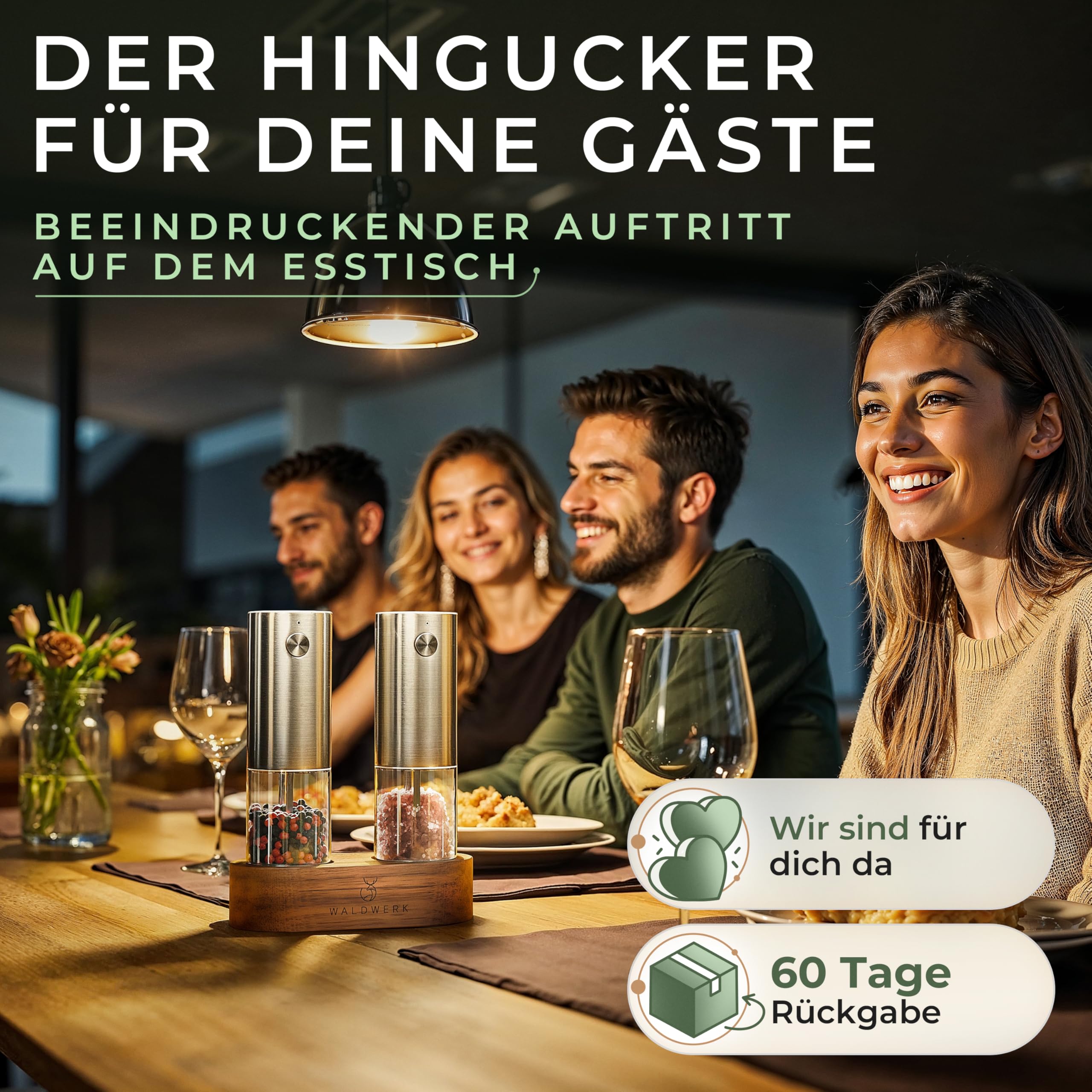 WALDWERK Elektrische Salz- und Pfeffermühle (300 mAh Akku) - Edle Akazie-Halterung - Elektrische Mühle für Salz und Pfeffer