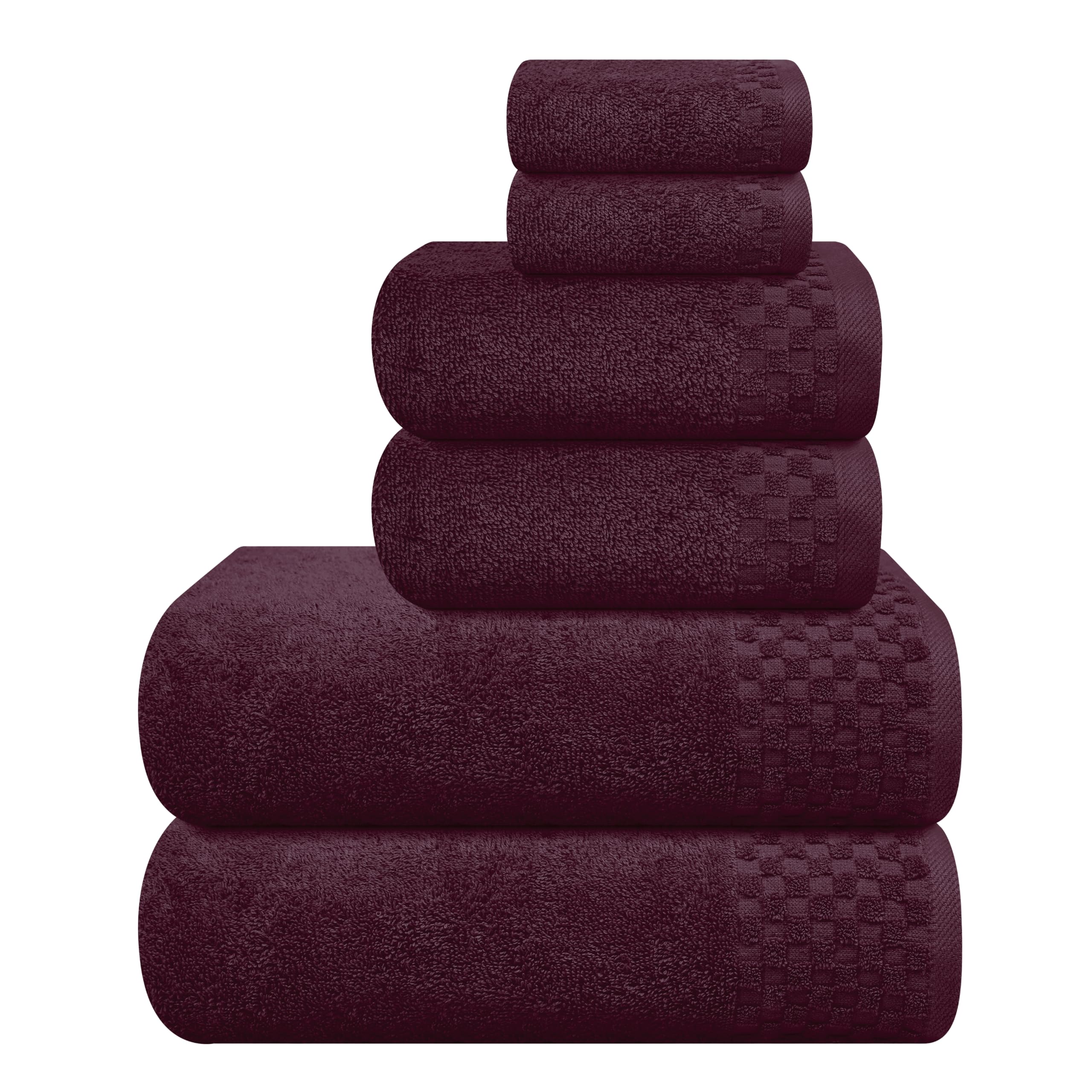 Premium Cotton 6 Pack Towel Set for Bathroom, Contains 2 Bath Towels 28x55 inch, 2 Hand Towels 16x24 inch & 2 Wash Coths 12x12 inch, Ideal Everyday use, Compact & Lightweight - Burgundy