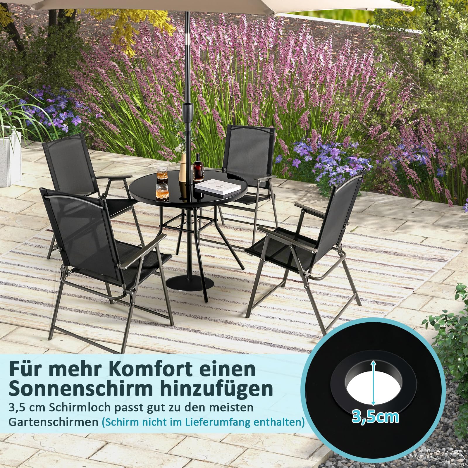 GOPLUS Gartentisch Metall, 86cm Beistelltisch Outdoor mit Glasplatt & 3,5cm Schirmloch, Balkontisch Terrassentisch wetterfest, Esstisch Bistrotisch Kaffeetisch für Garten Hof Terrasse Balkon Pool