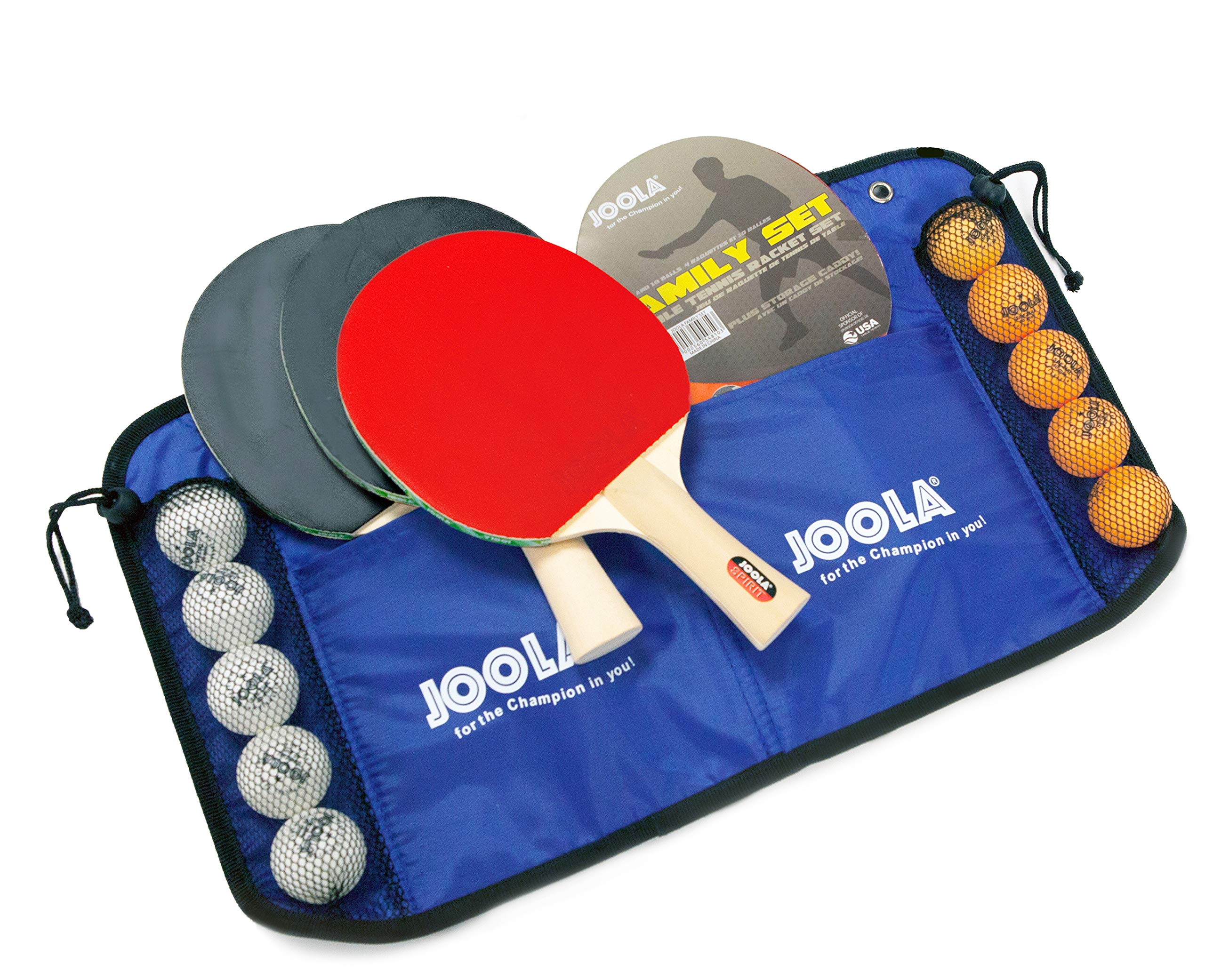JOOLA Tischtennistisch Abdeckung Tischabdeckung Wetterfeste Schutzhülle Outdoor und Indoor, Schwarz, 150 x 160 x 50-80 & Tischtennis-Set Family, 4 Tischtennisschläger + 10 Tischtennisbälle + Tasche