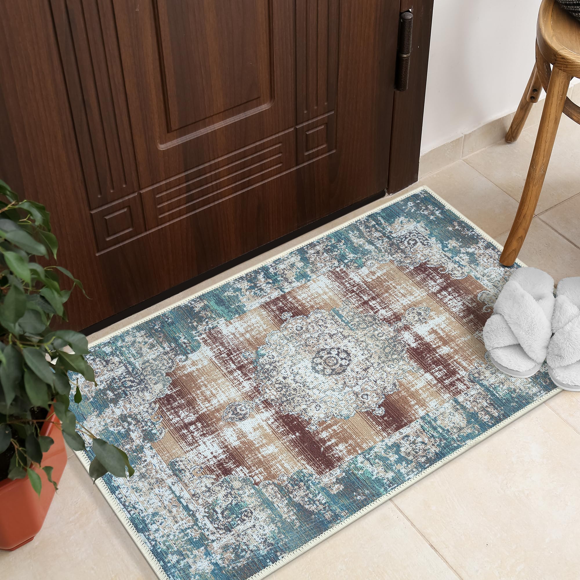 GLN Rugs Bohemian - Ege - Machine Washable Area Rug, Boho Washable, Non Slip, Low Pile Chenille Area Rug, Entryway, Hallway, Kitchen Rug - Easy Clean