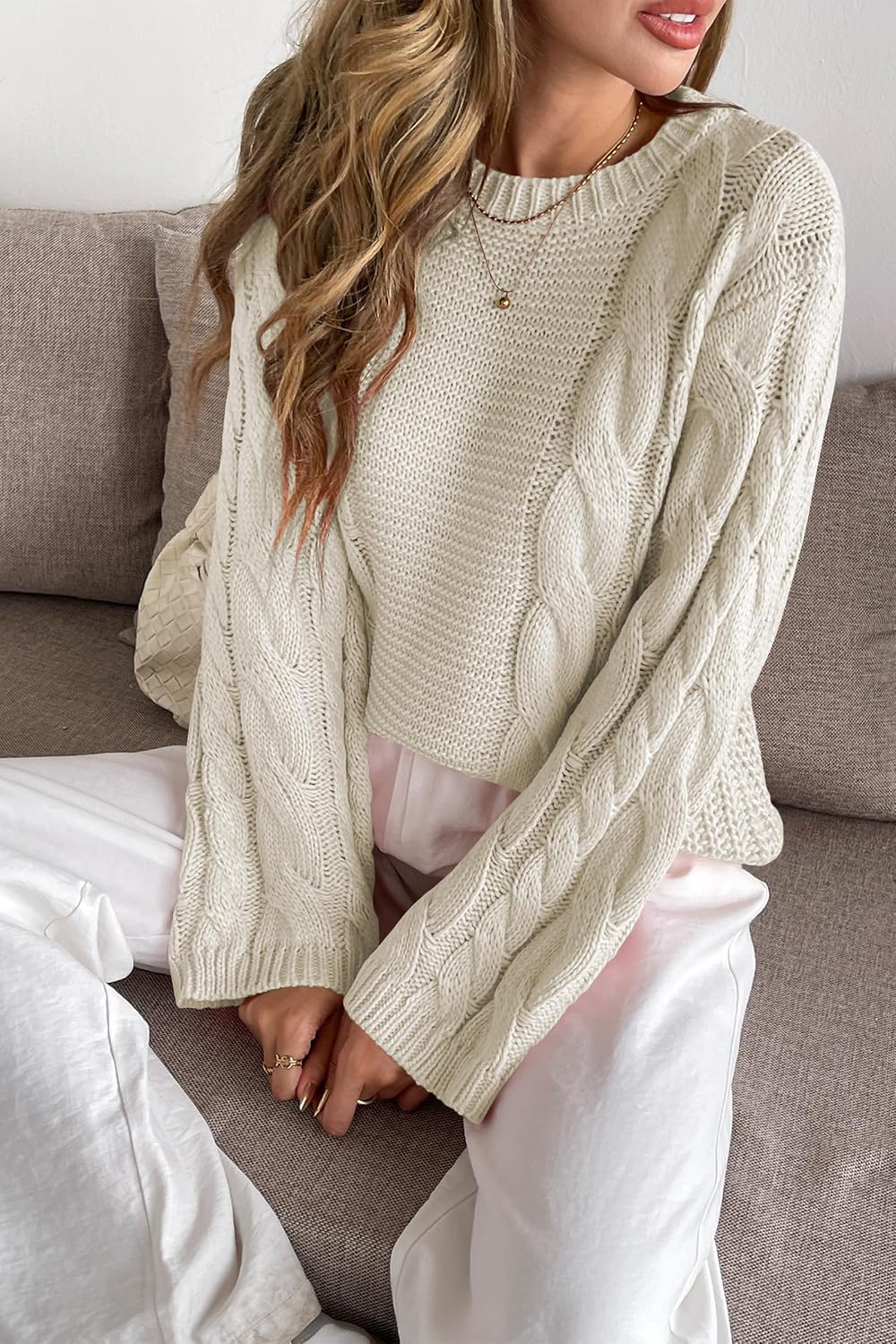 Cakulo Womens Oversized Pullover Sweaters Bell Sleeve Chunky Cable Knit Sweater Crewneck Trendy Knitted Tops 2025 - Image 5