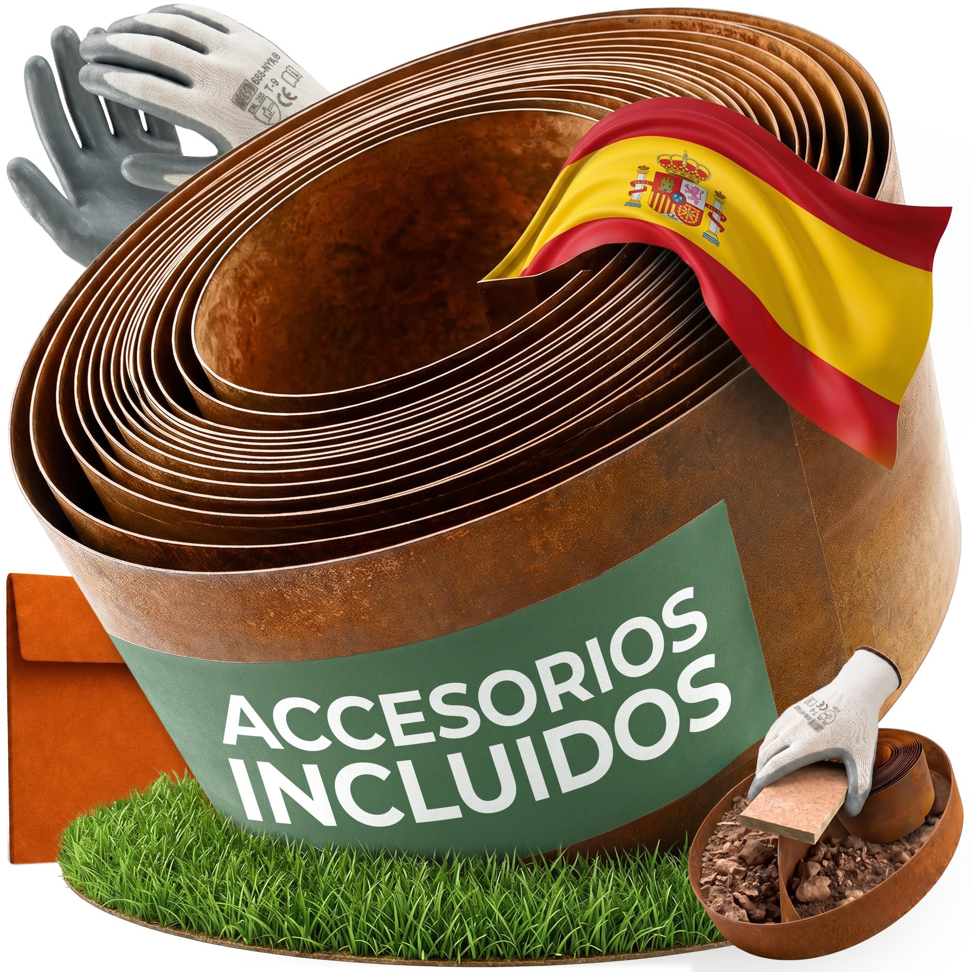Bordura Acero Corten 10 Metros | Borde Jardin Exterior 14cm Alto | Diseño Flexible & Fácil de Instalar | Incluye Guantes, Taco de Madera, Conectores y eBook con Instrucciones