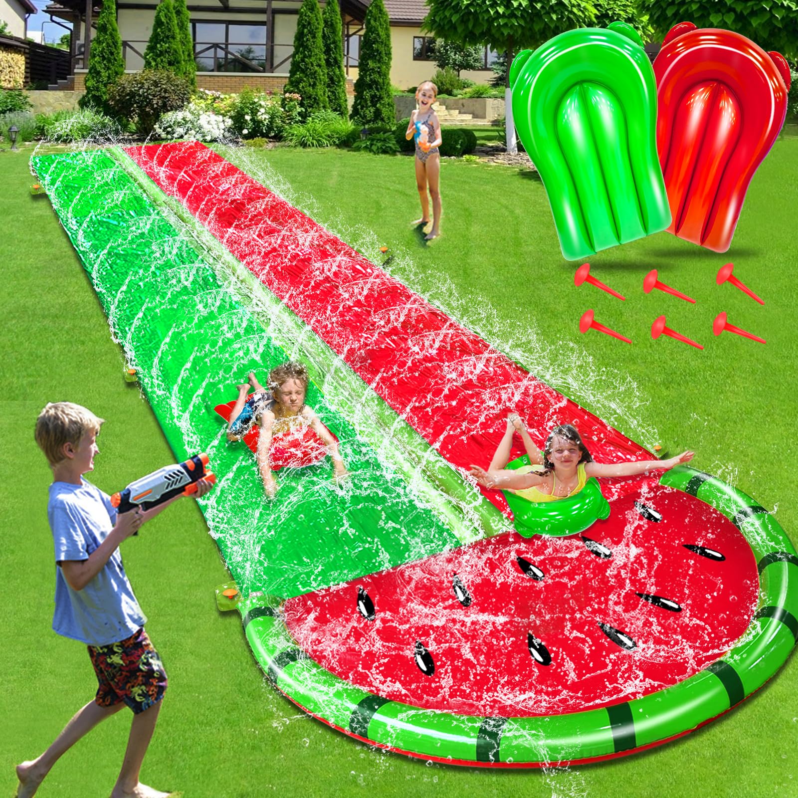 Photo 1 of [ 3 Sided Safe Fence ] Watermelon Lawn Water Slides with 2 Bodyboards for Kids Adults, Heavy Duty Water Toys Sprinkler 2 Race Lane Outdoor Summer Beach Swimming Pool Water Game Party, 20 x 5.6 ft