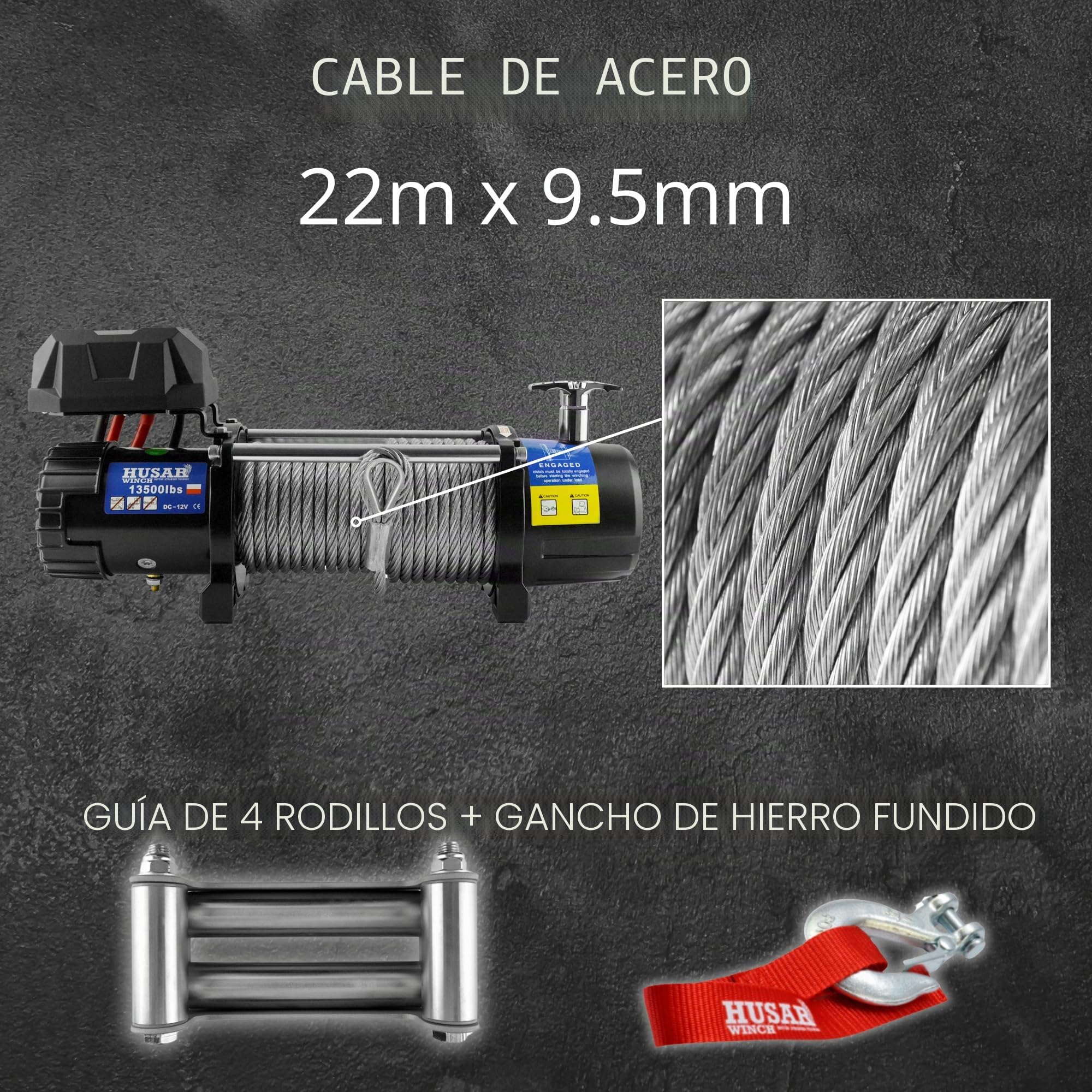 Cabrestante Eléctrico de 13500 lbs | 6124 kg, 12 V, Con Cuerda de Acero De 22 m, Control Inalámbrico, Transmisión Planetaria De 3 Etapas, Ideal Para Vehículos Todoterreno, Vehículos 4x4