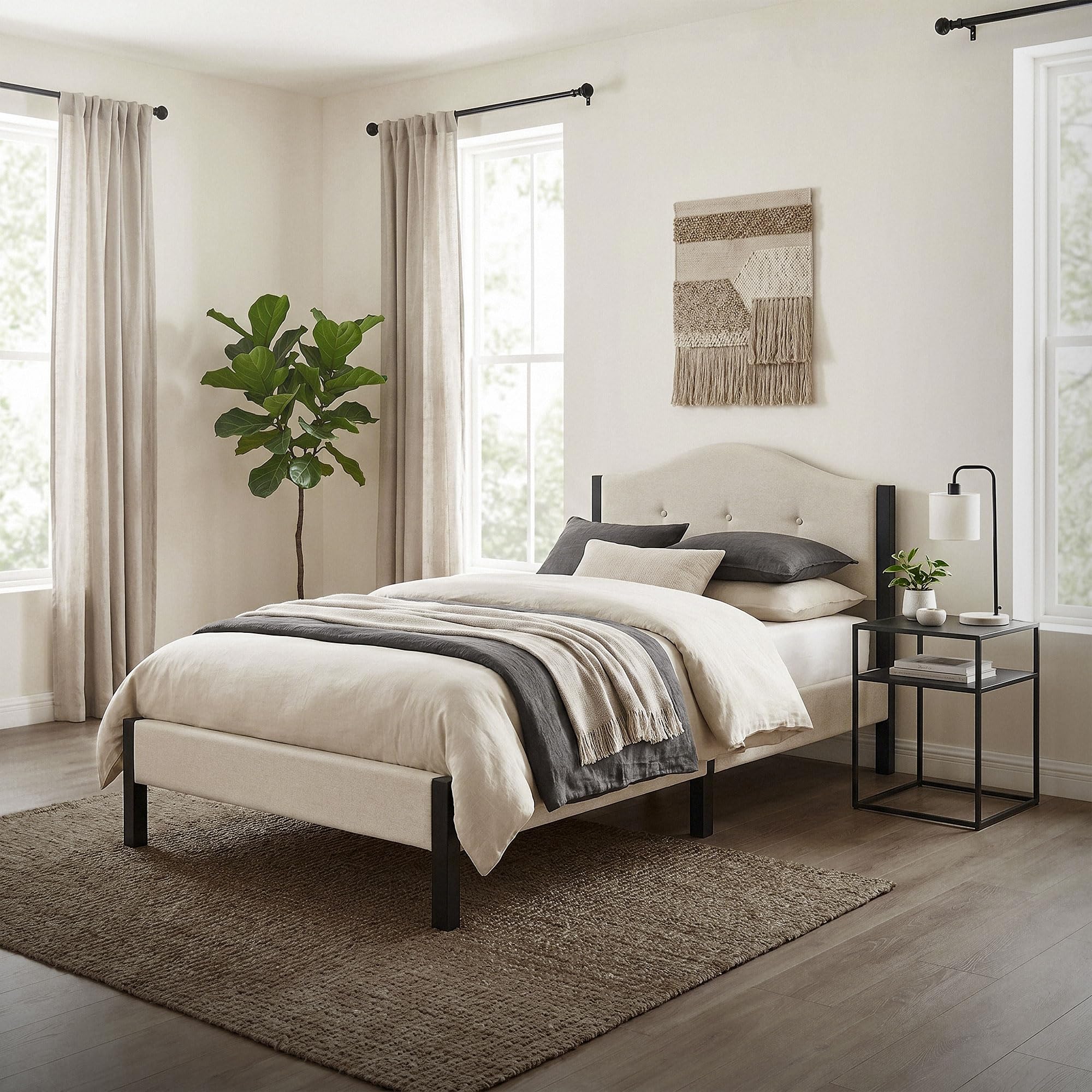 ML-Design Letto 90x200 cm, Giroletto Singolo, Struttura Robusta, Testiera Imbottita e Rete a Doghe, Telaio in Acciaio e Tessuto di Lino, Beige, Spazio di Archiviazione Sotto il Letto, per Cameretta