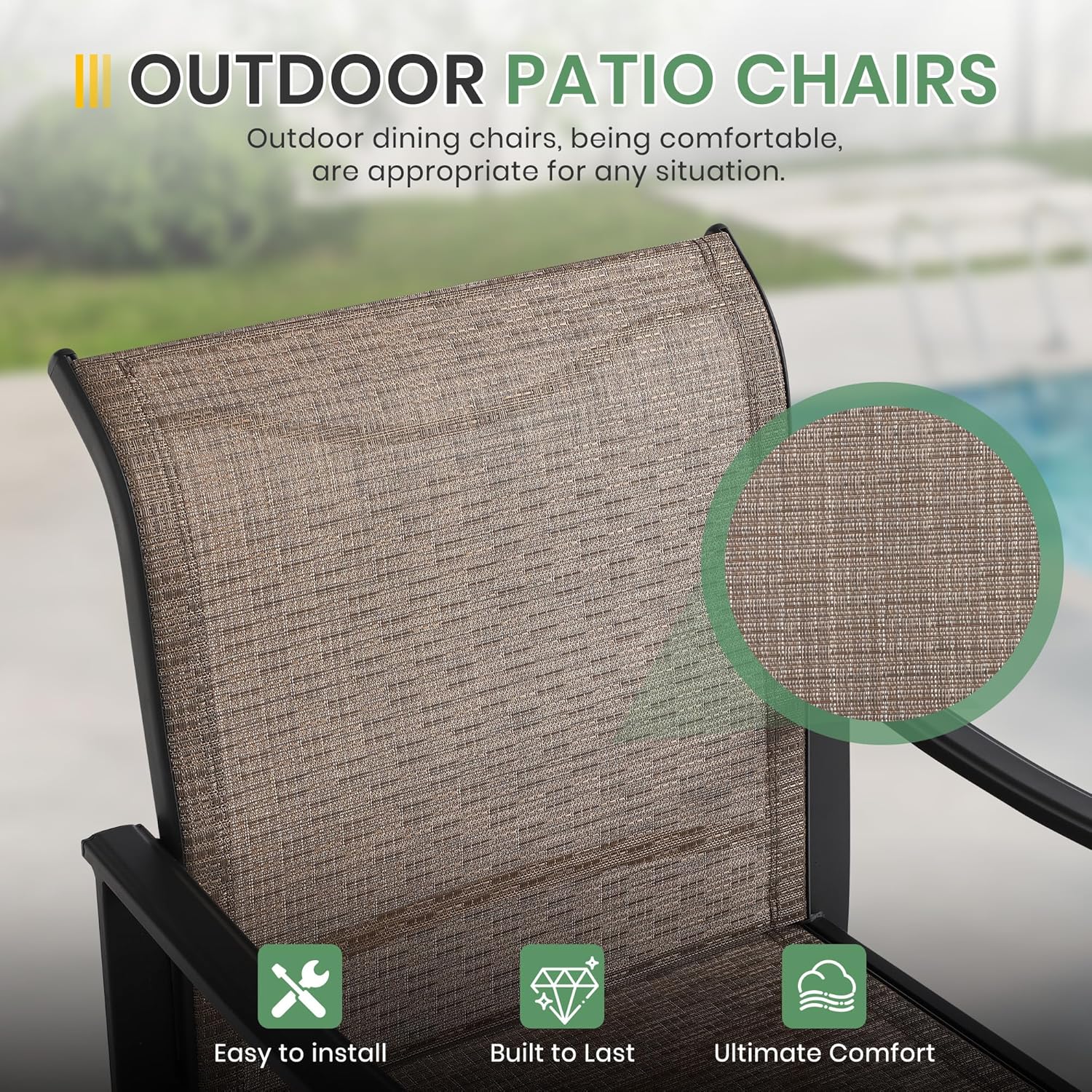 LVUYOYO Patio Dining Chairs Set of 2, Outdoor Textilene Chairs with High Back, All-Weather Dining Chair with Metal Frame for Lawn, Garden, Porch, Backyard (Brown)
