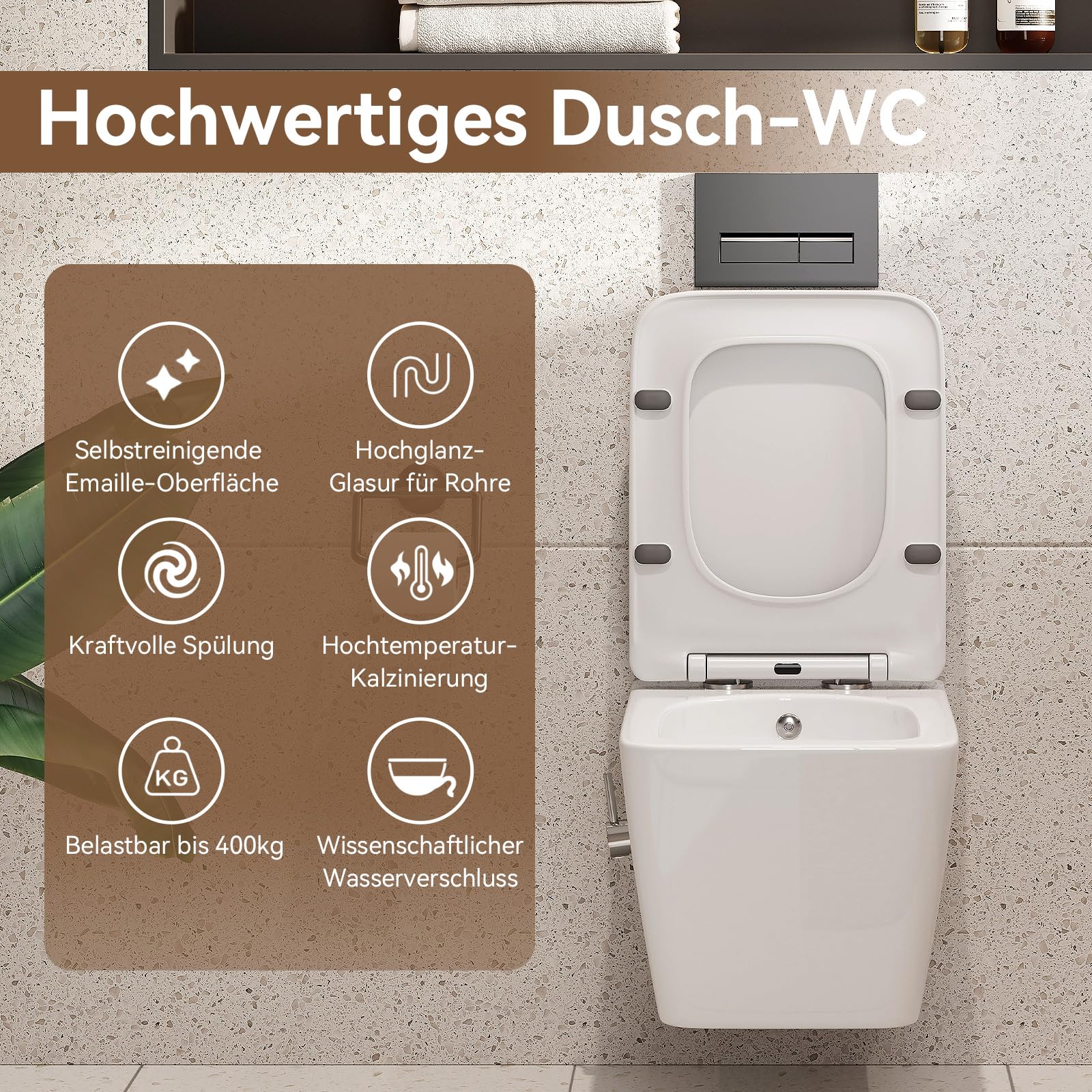 HOROW Taharet Ensemble de toilettes de douche et élément mural complet, WC Taharet avec réservoir de chasse d'eau, plaque de poignée WC de couleur chrome brillant, WC avec fonction bidet, eau froide