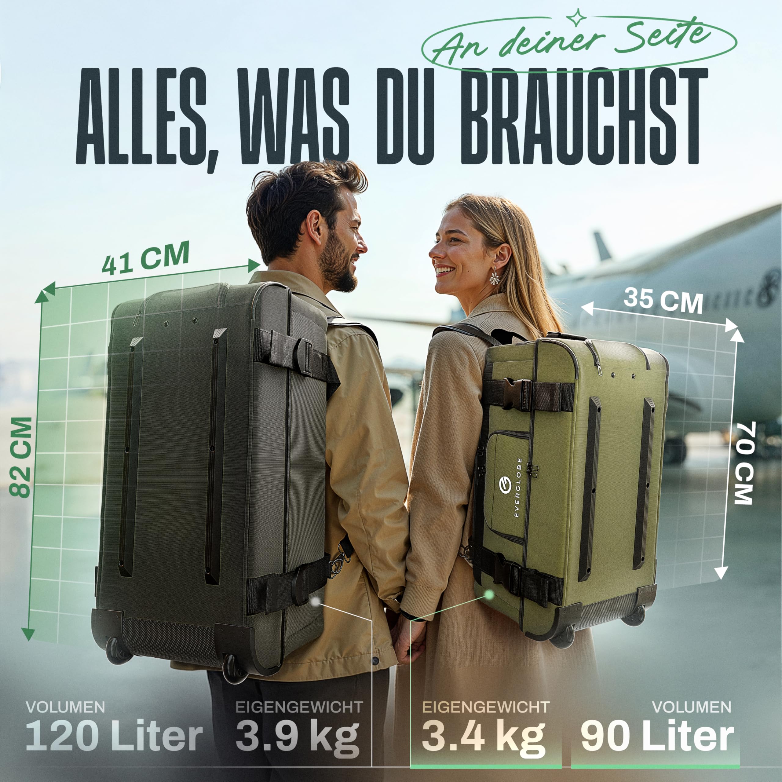 Reisetasche mit Rollen 120L Groß XXL [Khaki] 3in1 Luggage - Tasche, Trolley, Rucksack mit Rollen | Travel Bag, Reisetaschen für Herren & Damen, Reisetasche Herren | Rollkoffer oder Reise Tasche