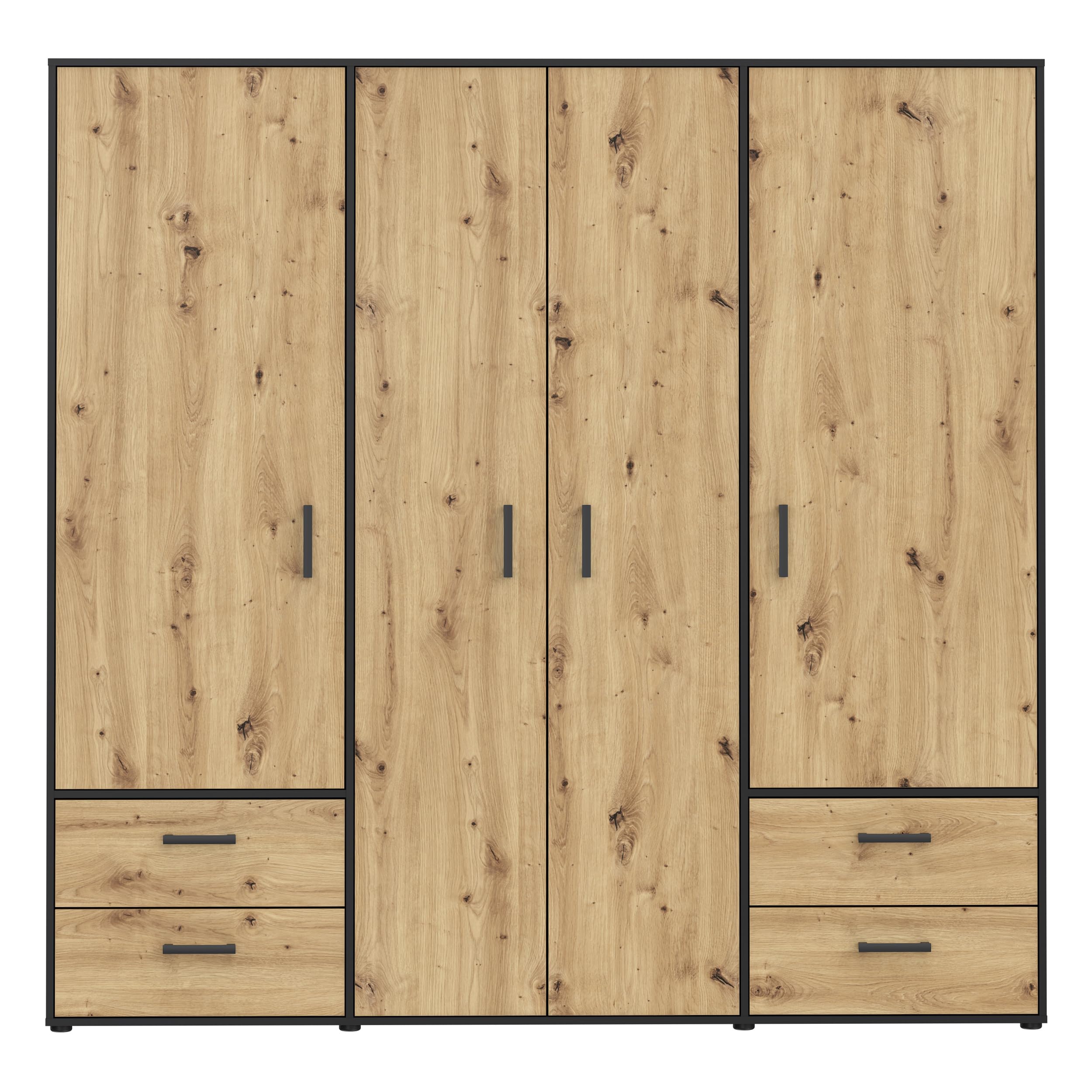 Forte MONISSA Kleiderschrank 200, moderner Drehtürenschrank, 4-türig, 4 Schubladen, Holzwerkstoff, Artisan Eiche Holzdekor|Schwarz, 205,9 cm breit x 200,1 cm hoch x 59 cm tief